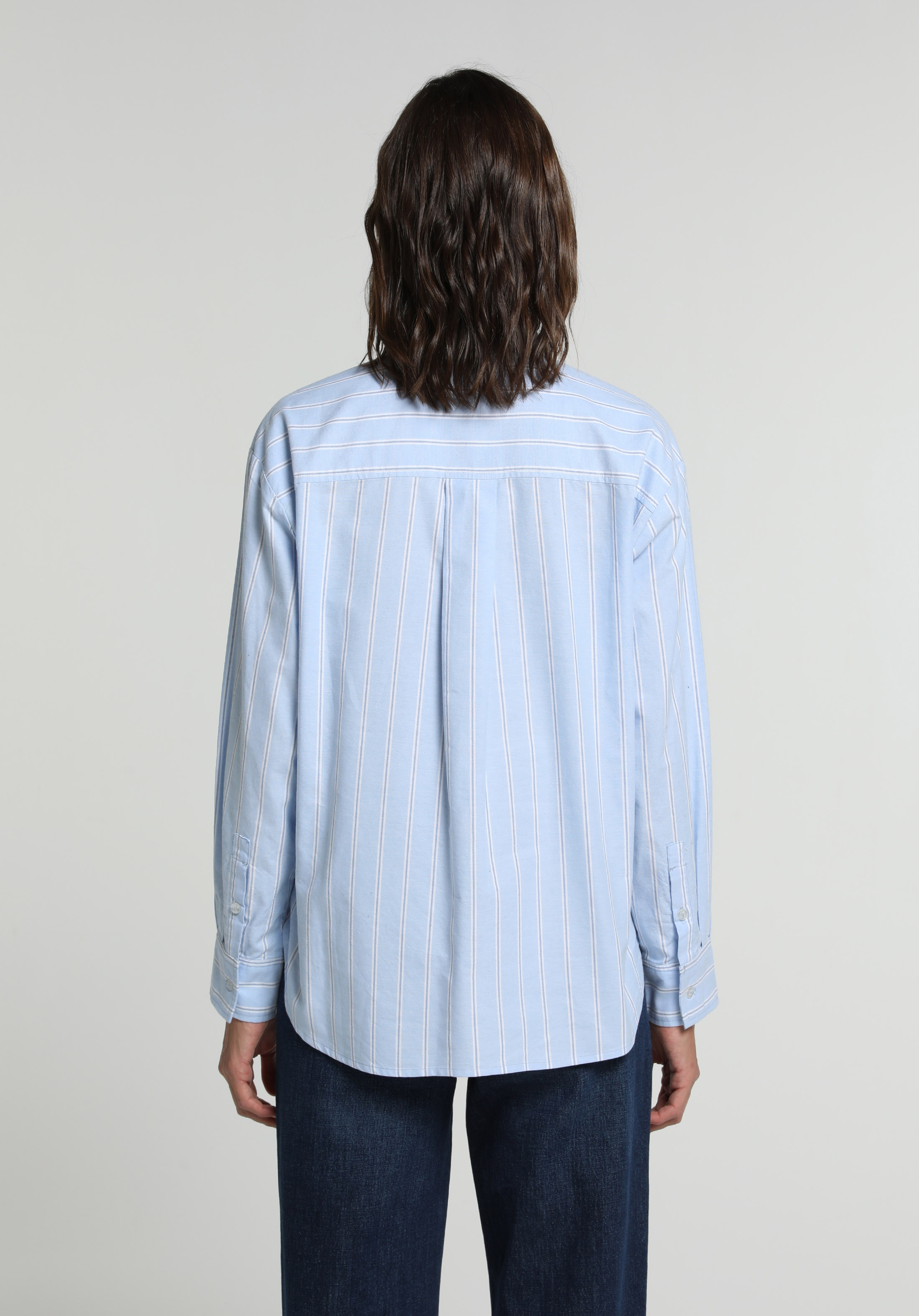 Boyfriend Fit Shirt Neck Çizgili Kadın Mavi Uzun Kol Gömlek