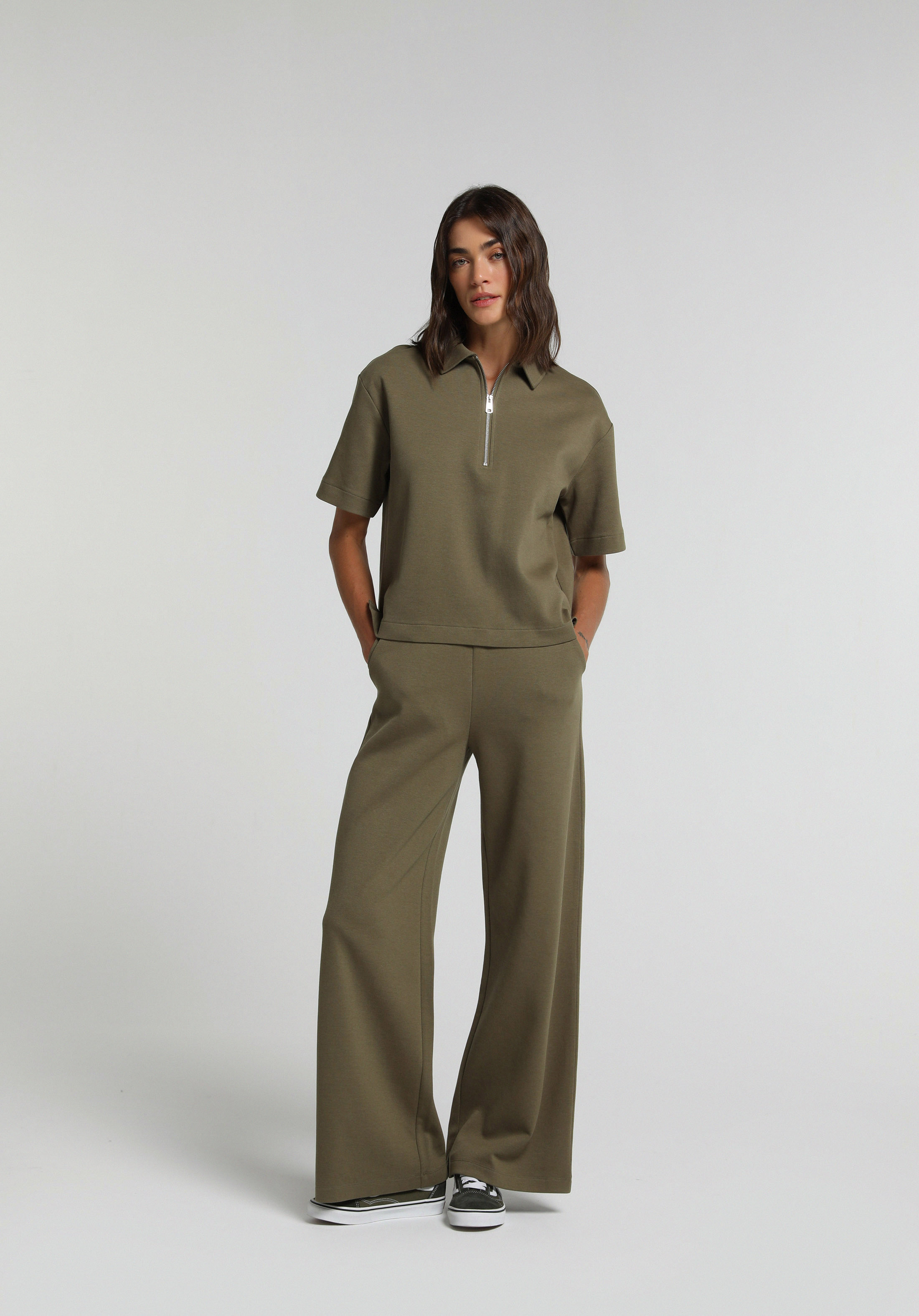 Regular Fit Polo Yaka Düz Kadın Yeşil Kısa Kol Tişört