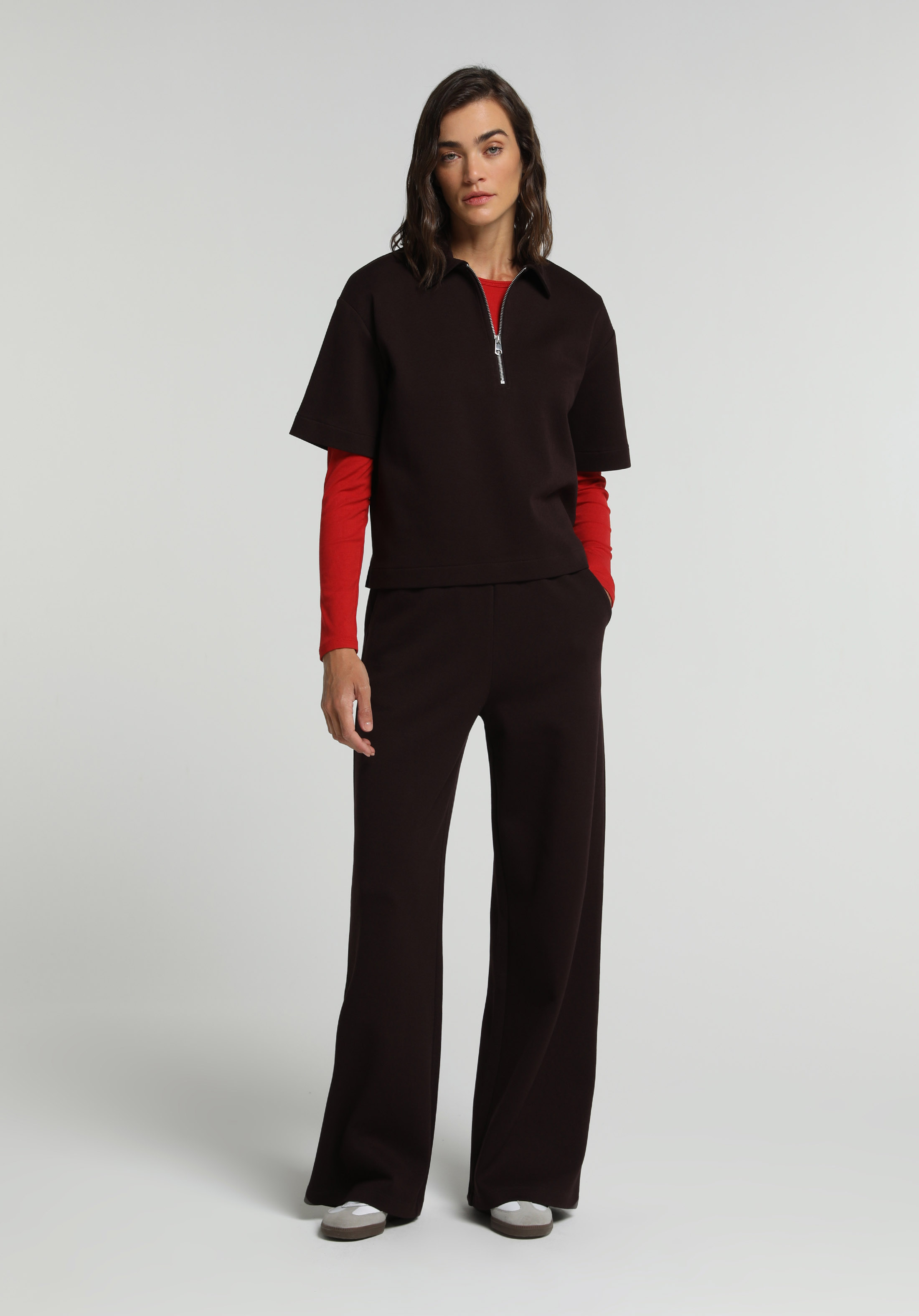 Regular Fit Polo Yaka Düz Kadın Mor Kısa Kol Tişört