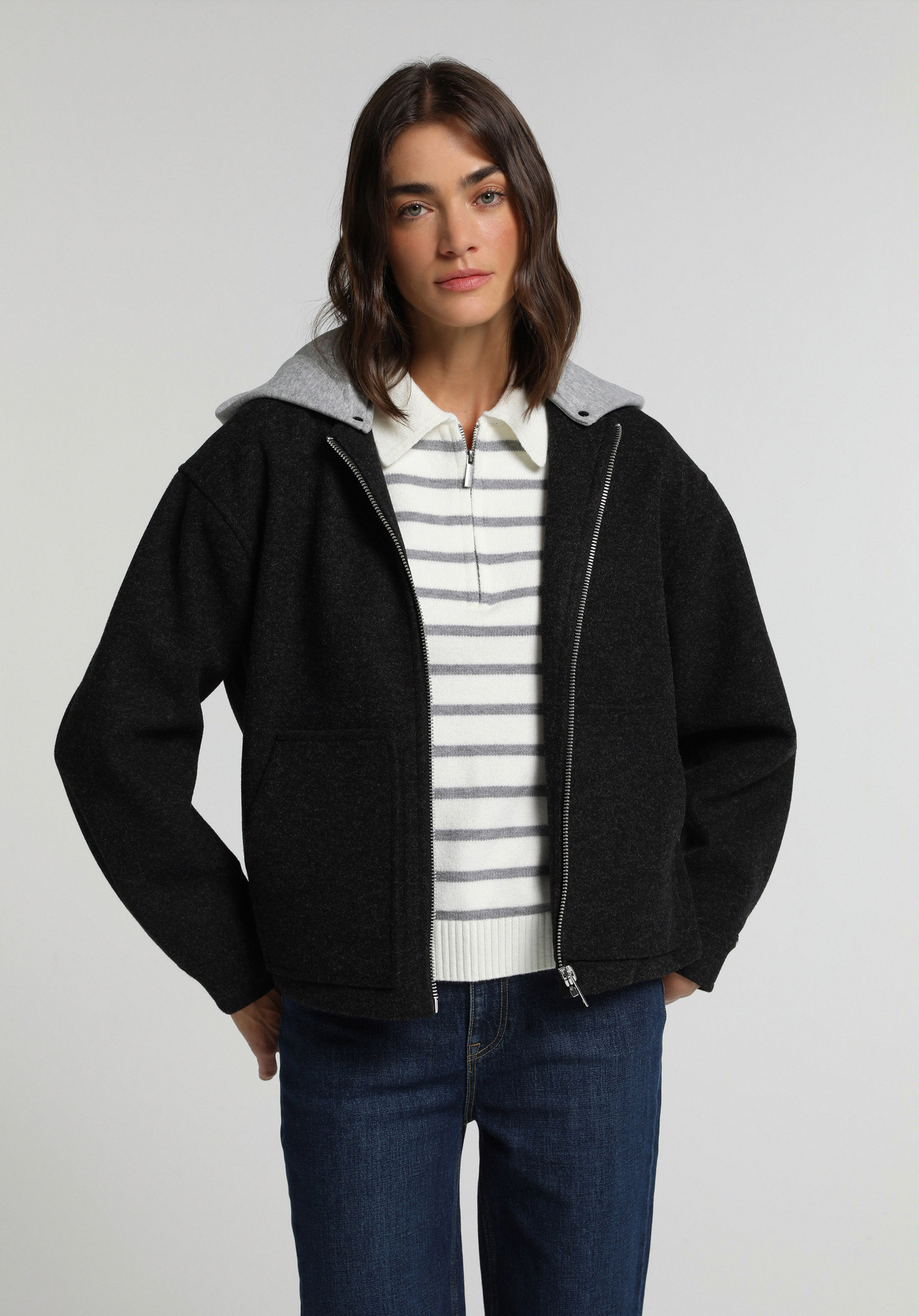 Oversize Fit Fermuarlı Astarsız Çıkarılabilir Kapüşonlu Kadın Antrasit Ceket