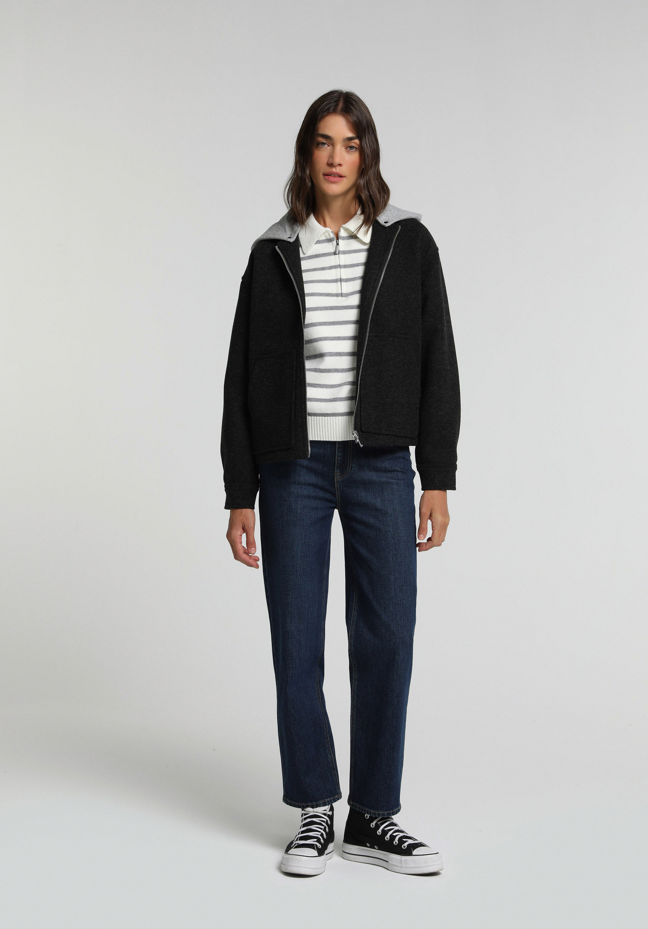 Oversize Fit Fermuarlı Astarsız Çıkarılabilir Kapüşonlu Kadın Antrasit Ceket
