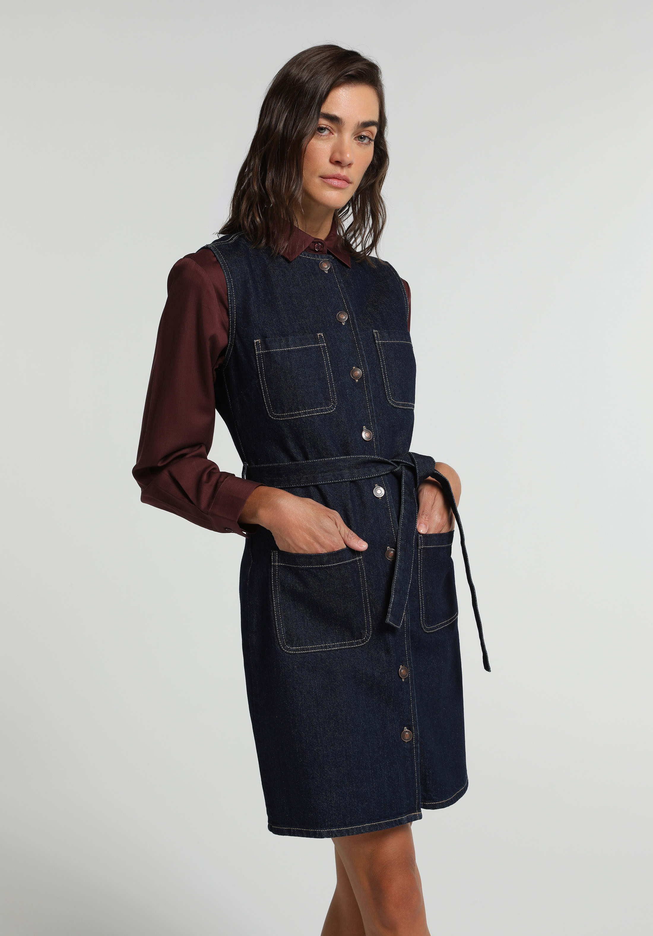 Slim Fit Düz Kadın Dark İndigo Denim Kolsuz Elbise