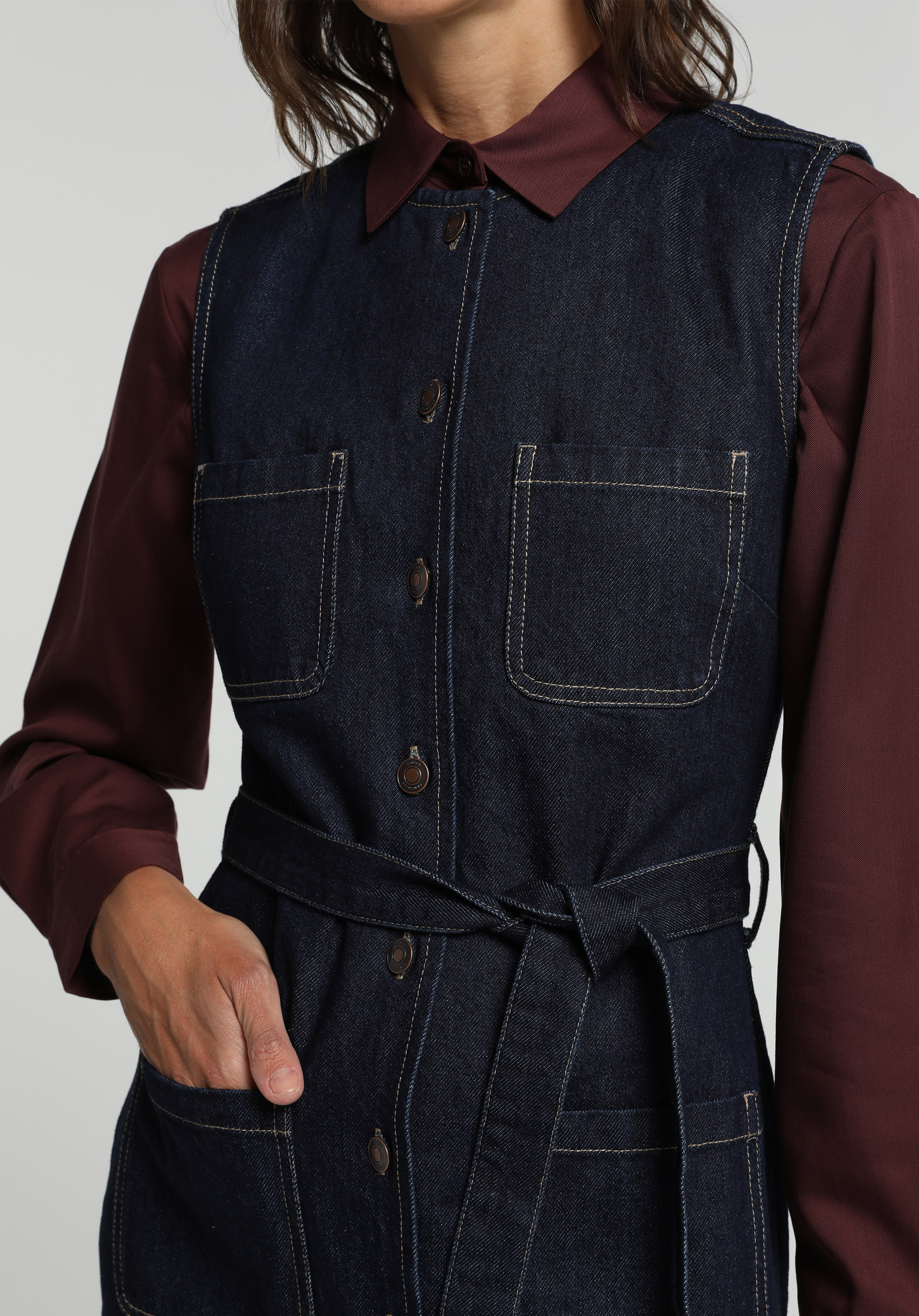 Slim Fit Düz Kadın Dark İndigo Denim Kolsuz Elbise