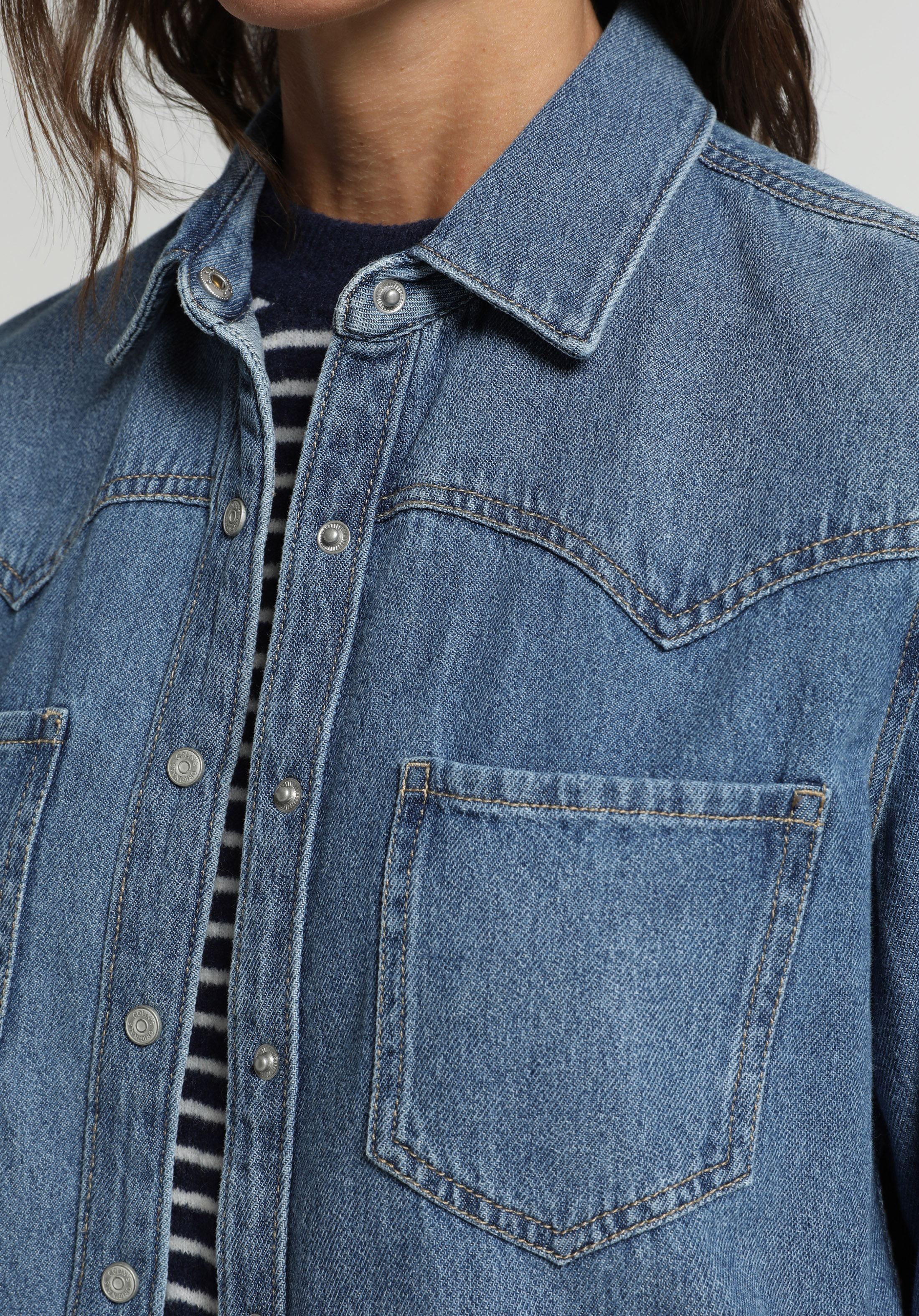 Regular Fit Klasik Yaka Düz Kadın Mid İndigo Denim Uzun Kol Gömlek