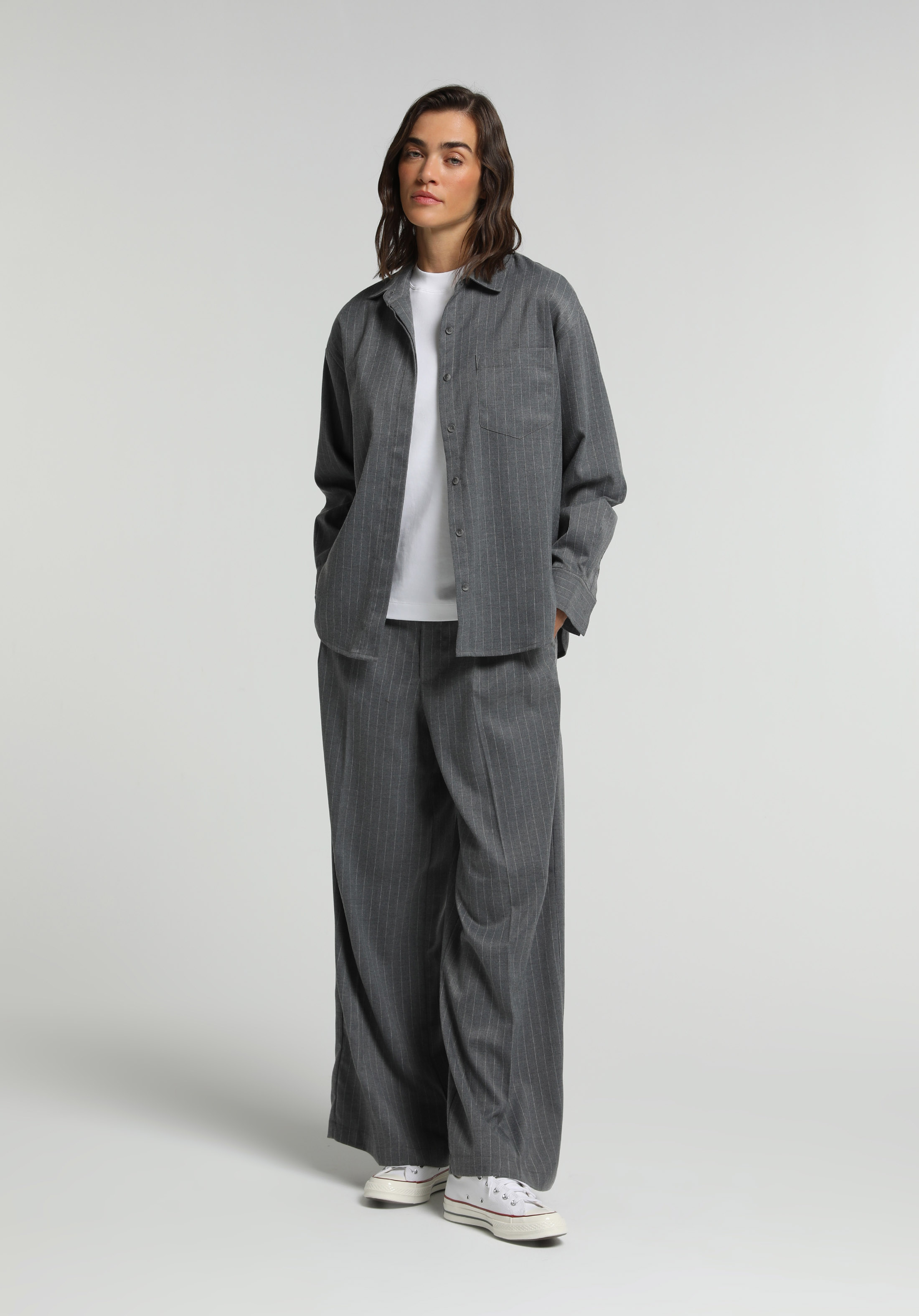 Boyfriend Fit Shirt Neck Çizgili Kadın Gri Uzun Kol Gömlek