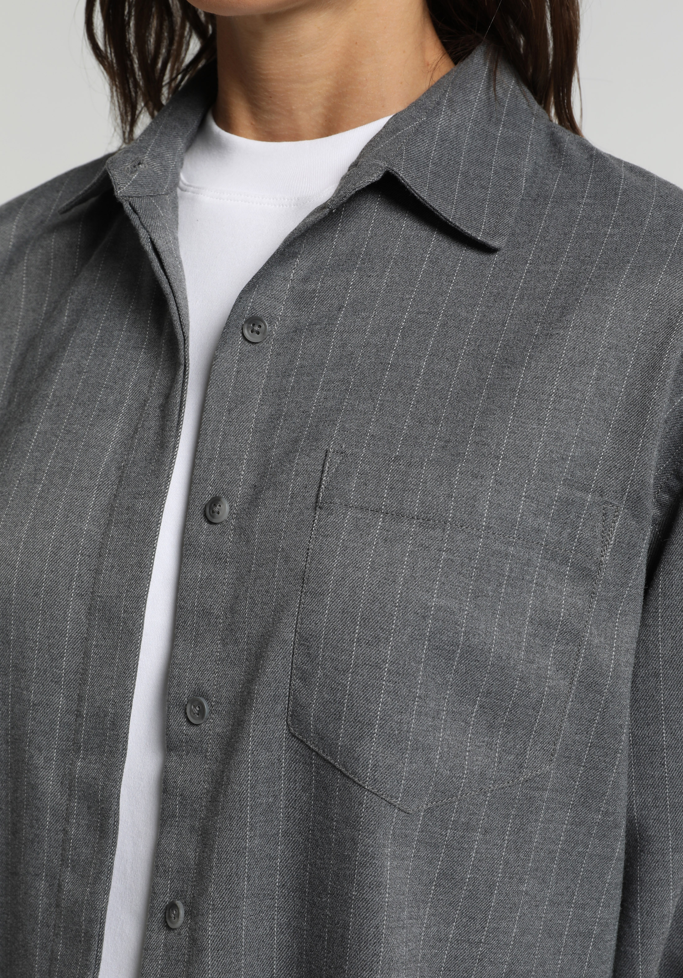 Boyfriend Fit Shirt Neck Çizgili Kadın Gri Uzun Kol Gömlek