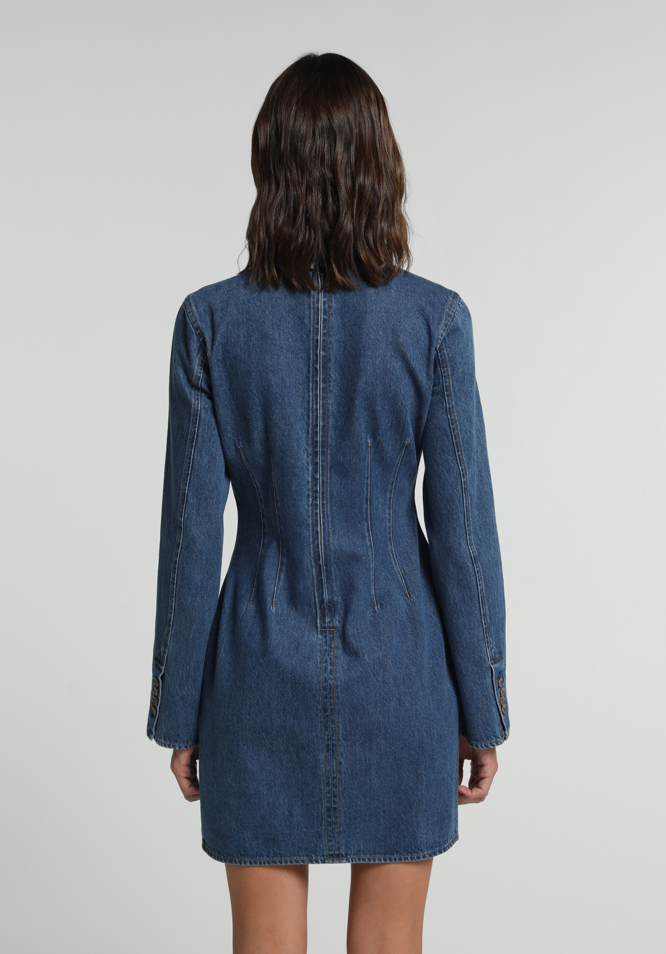 Slim Fit Düz Kadın Mid İndigo Denim Uzun Kol Elbise