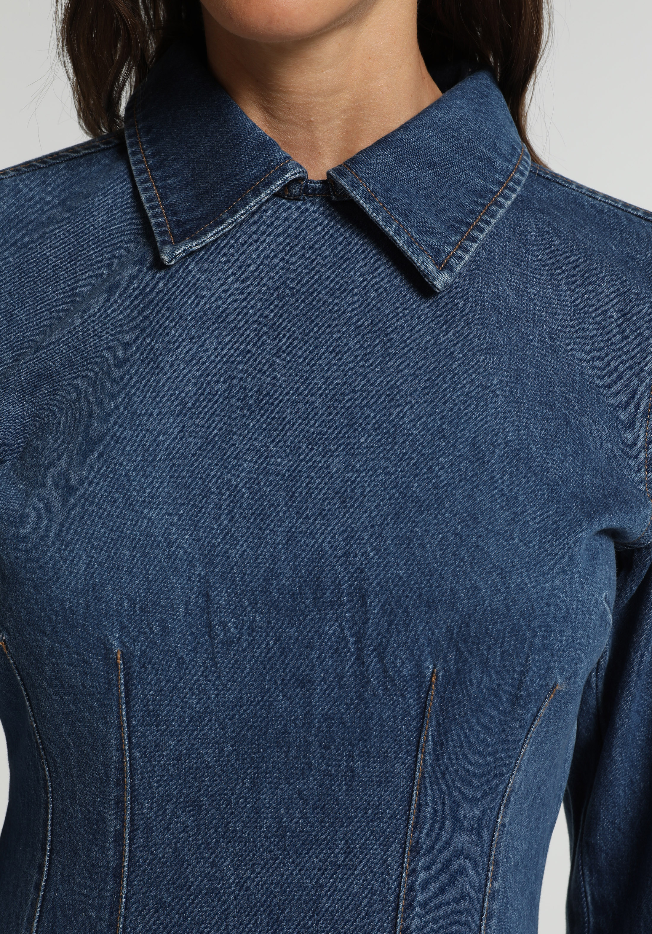 Slim Fit Düz Kadın Mid İndigo Denim Uzun Kol Elbise