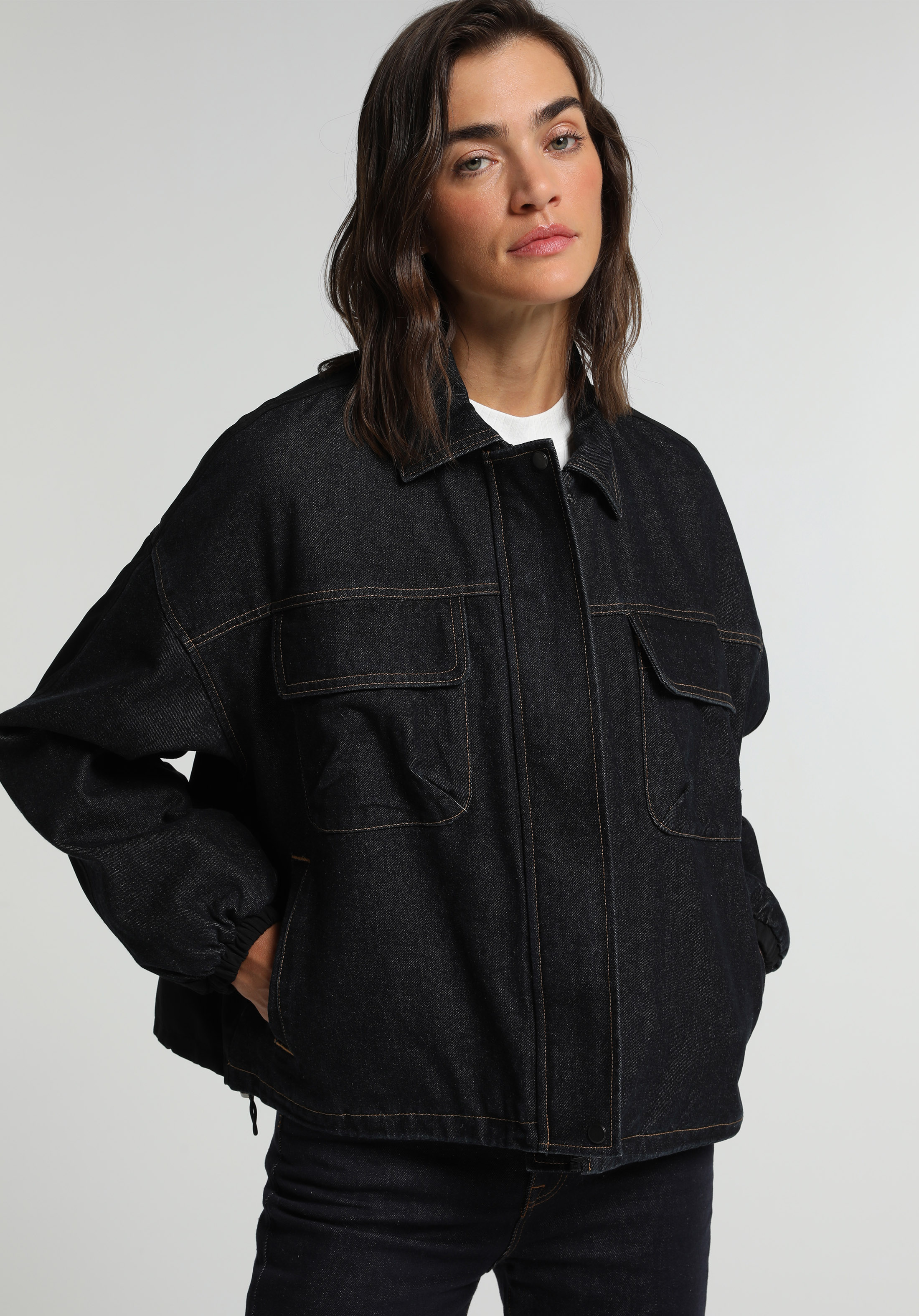 Oversize Fit Fermuarlı Astarlı  Kadın Dark İndigo Denim Ceket