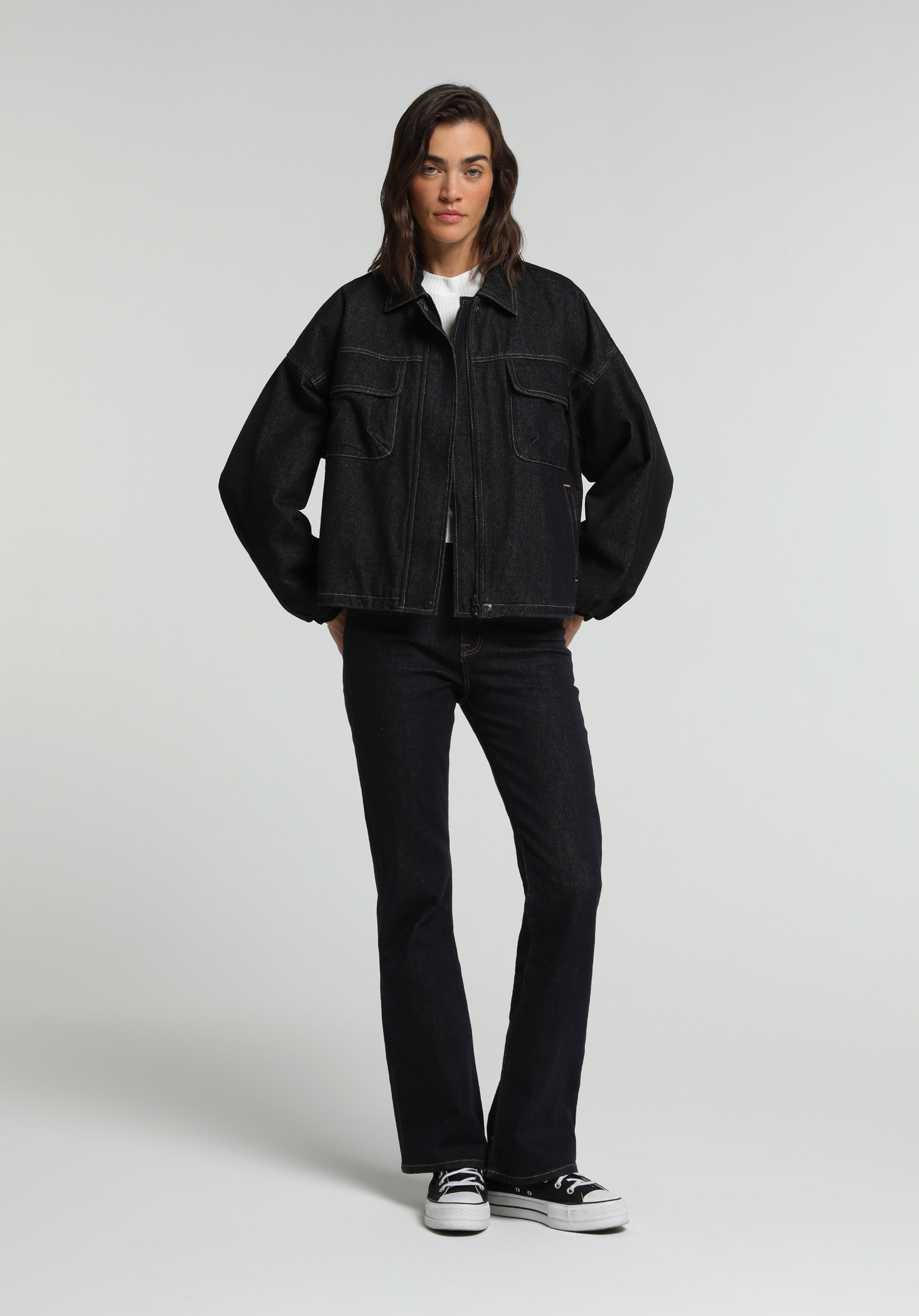 Oversize Fit Fermuarlı Astarlı  Kadın Dark İndigo Denim Ceket