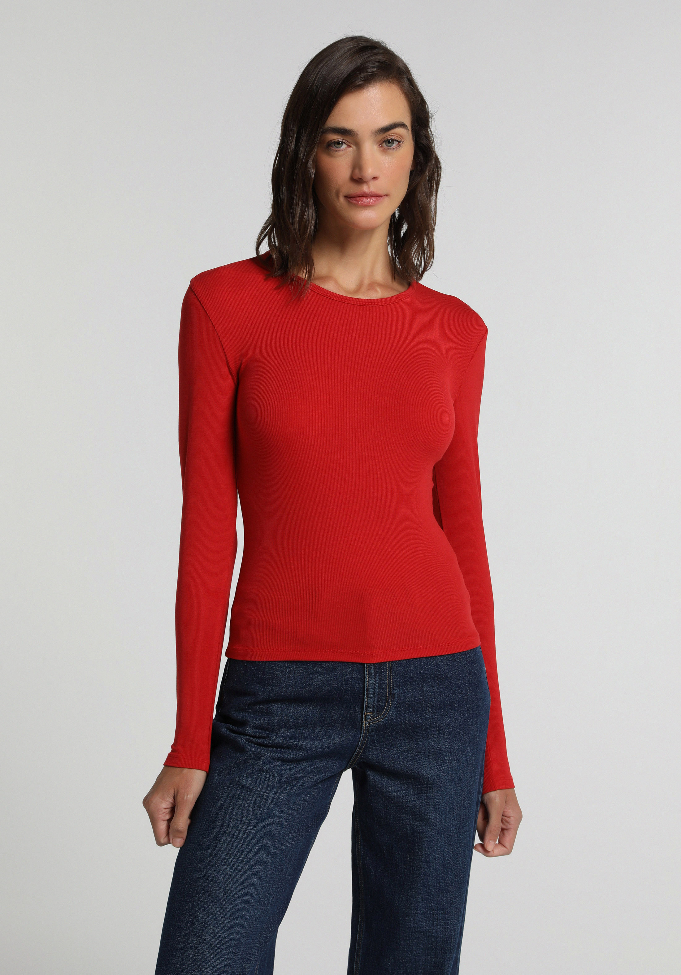 Slim Fit Yuvarlak Yaka Düz Kadın Kirmizi Uzun Kol Tişört