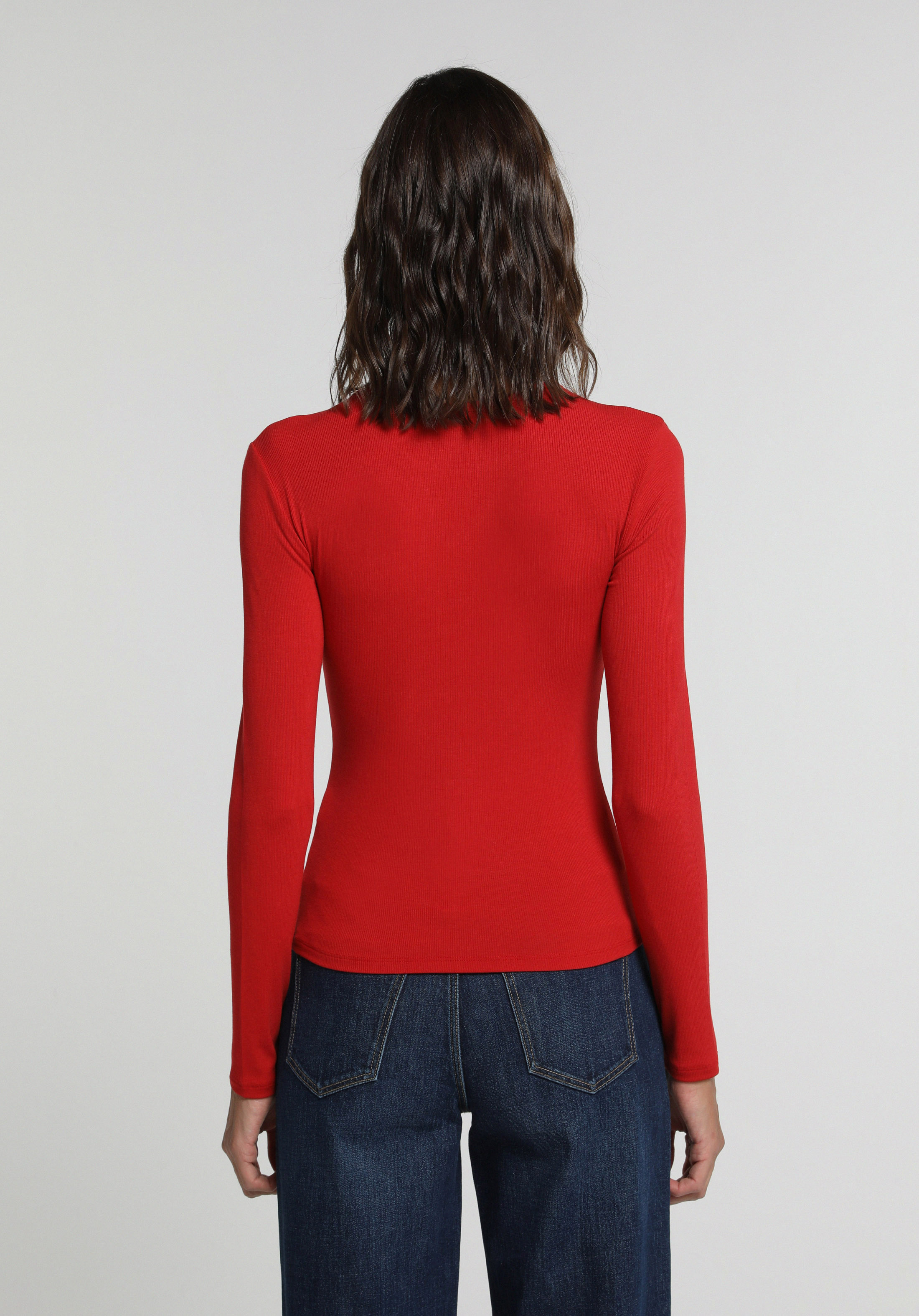 Slim Fit Yuvarlak Yaka Düz Kadın Kirmizi Uzun Kol Tişört