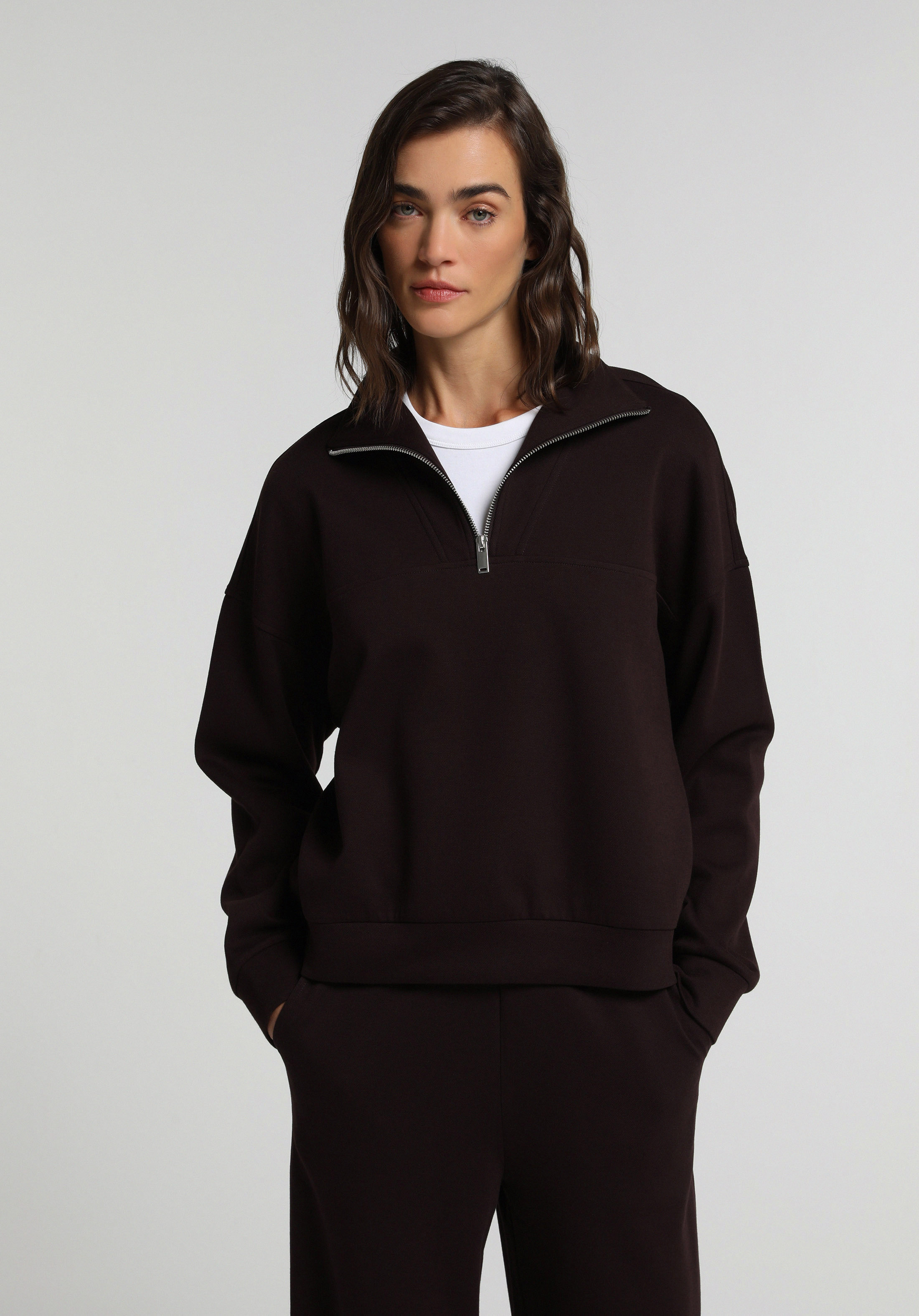 Regular Fit Fermuarlı Düz Kadın Mor Sweatshirt