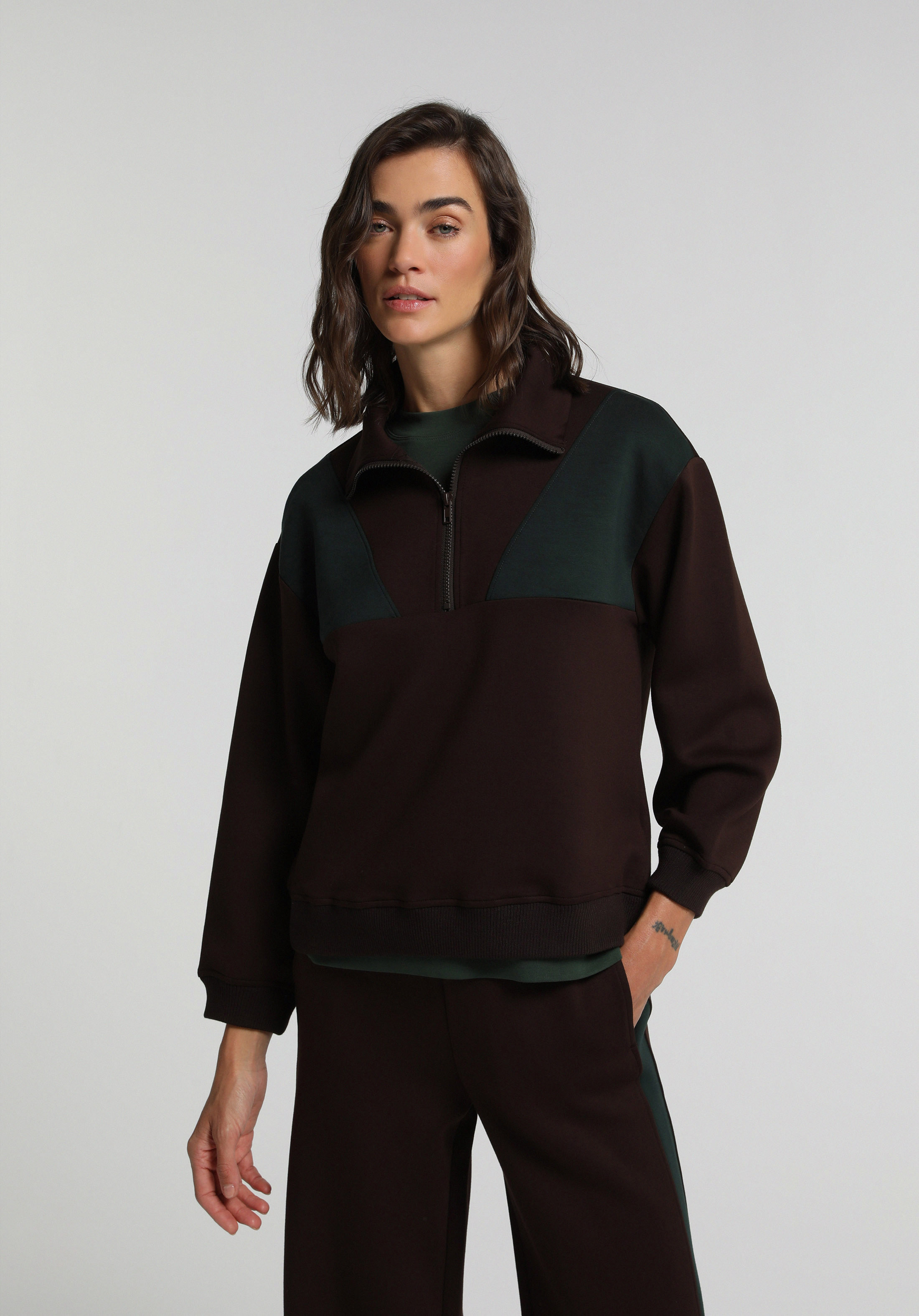 Regular Fit Polo Yaka Düz Kadın Kahverengi Sweatshirt