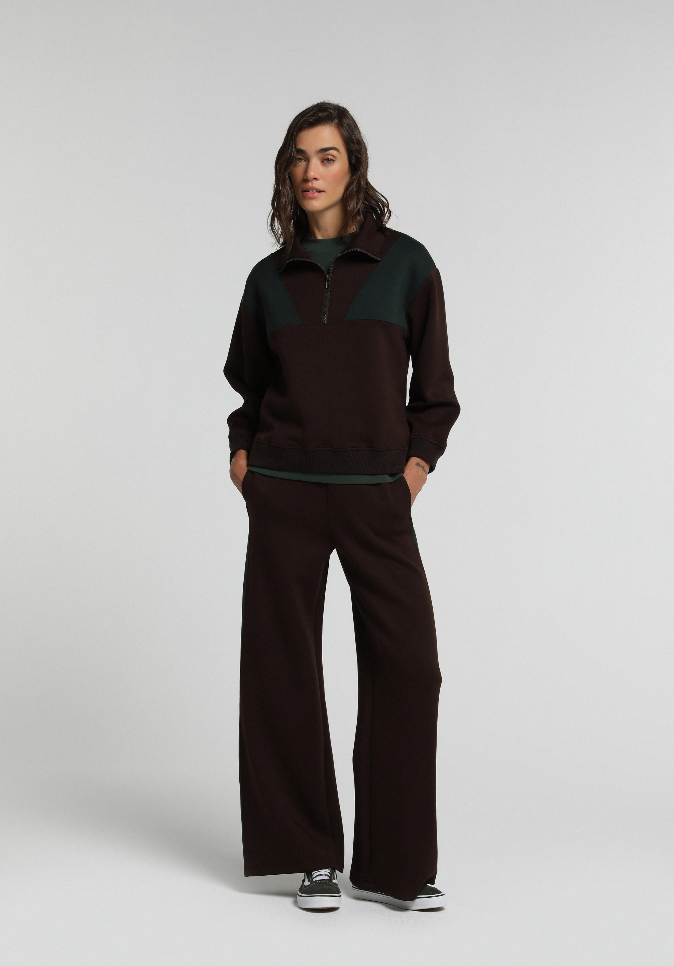 Regular Fit Polo Yaka Düz Kadın Kahverengi Sweatshirt