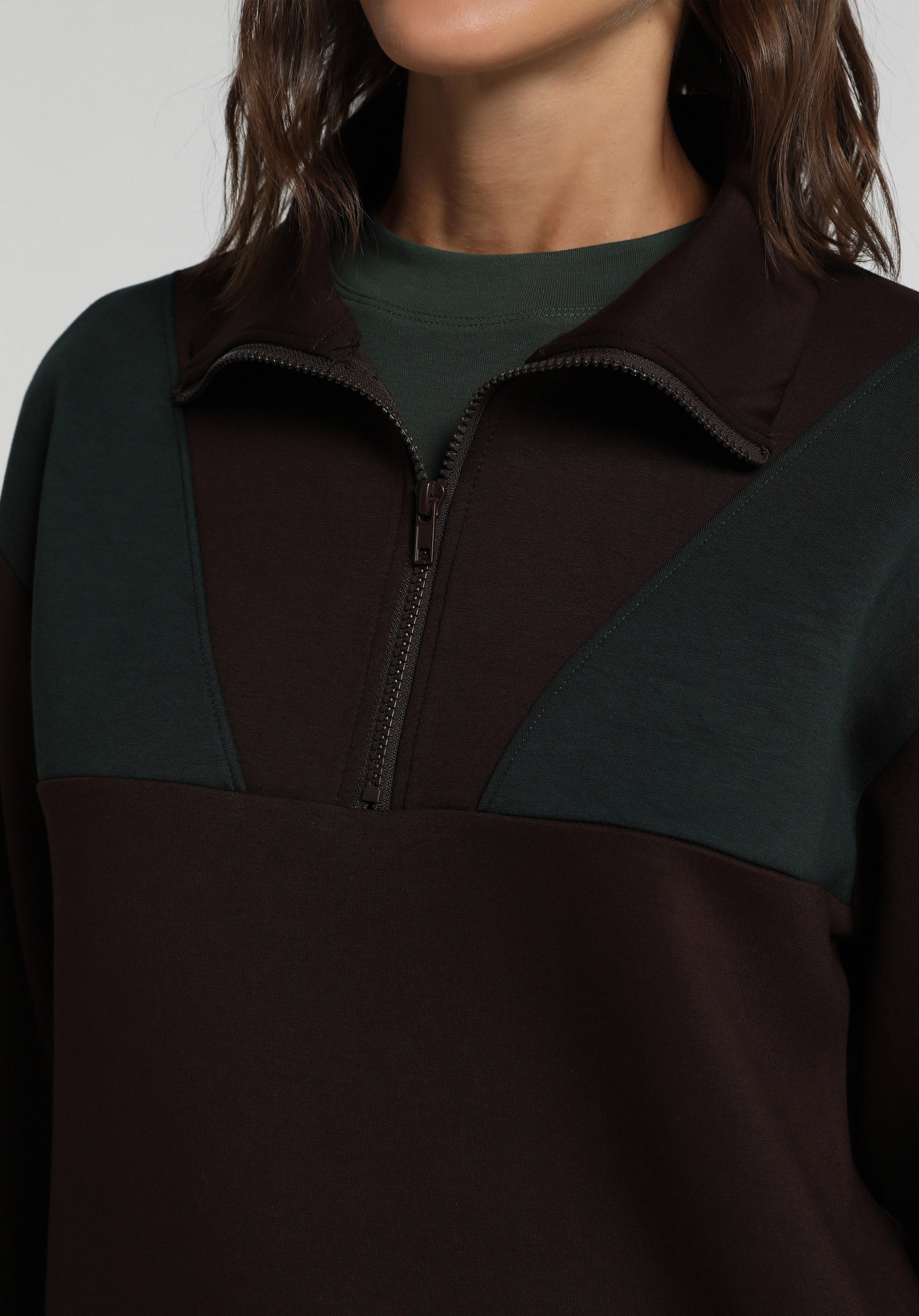 Regular Fit Polo Yaka Düz Kadın Kahverengi Sweatshirt
