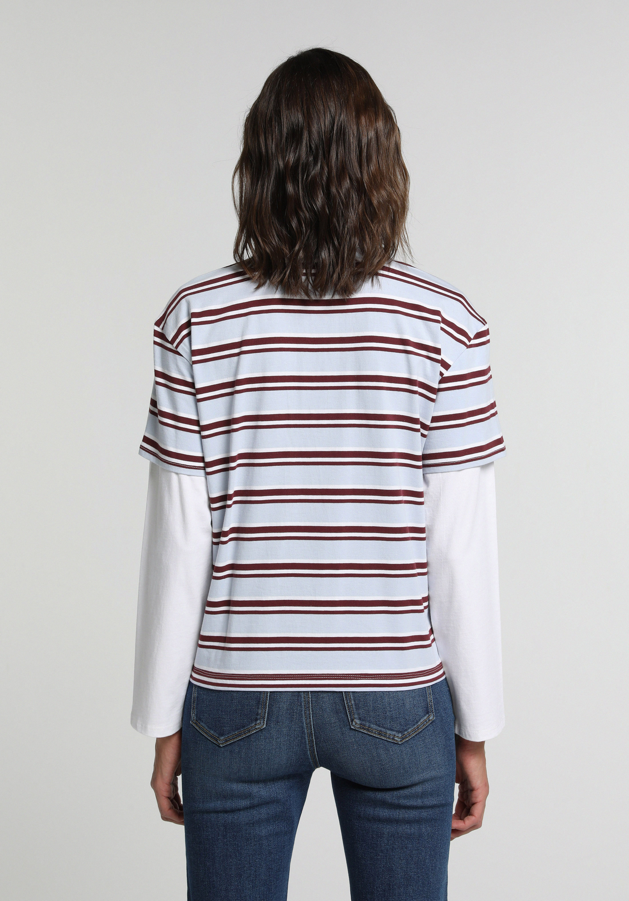 Regular Fit Polo Yaka Çizgili Kadın Çok Renkli Uzun Kol Tişört