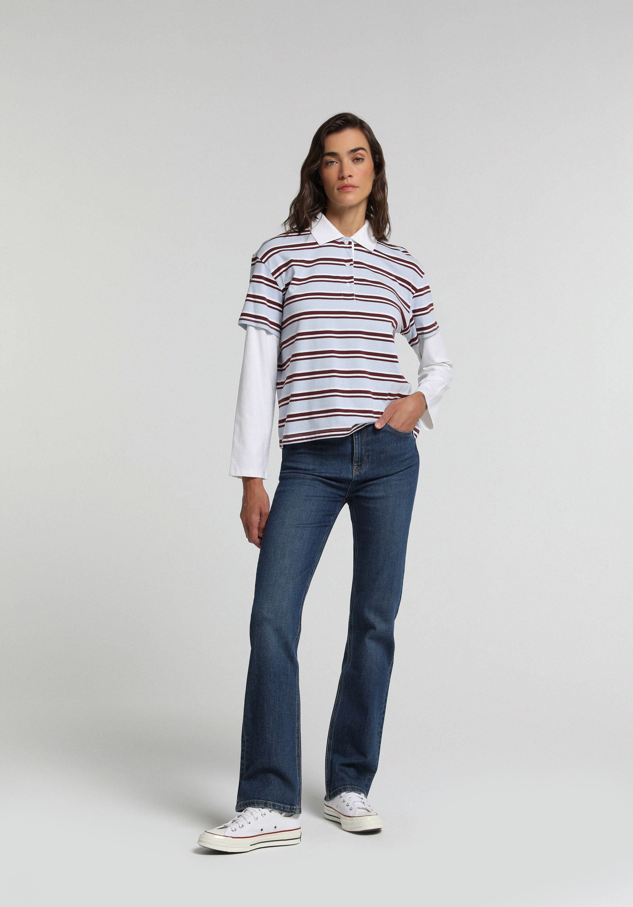 Regular Fit Polo Yaka Çizgili Kadın Çok Renkli Uzun Kol Tişört