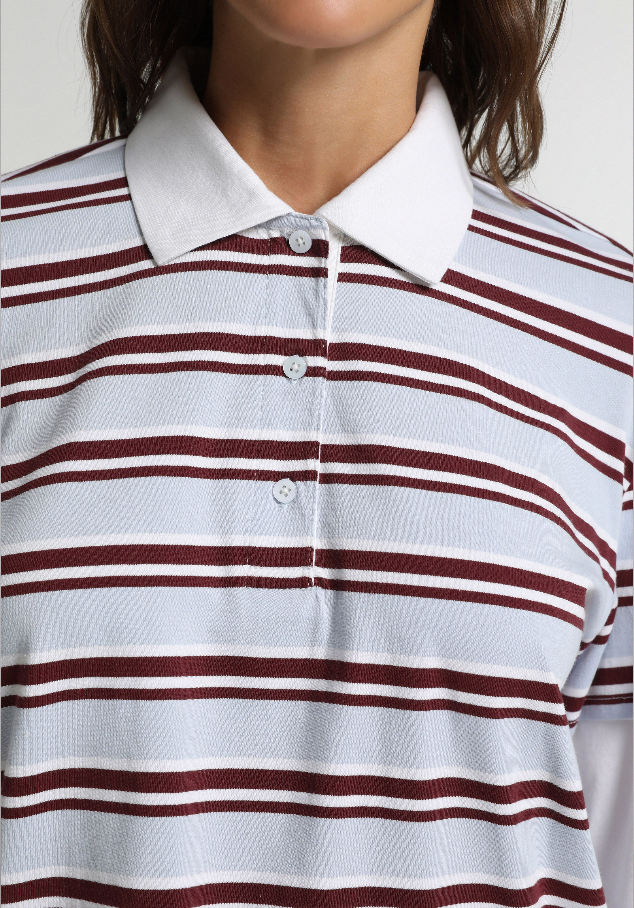 Regular Fit Polo Yaka Çizgili Kadın Çok Renkli Uzun Kol Tişört