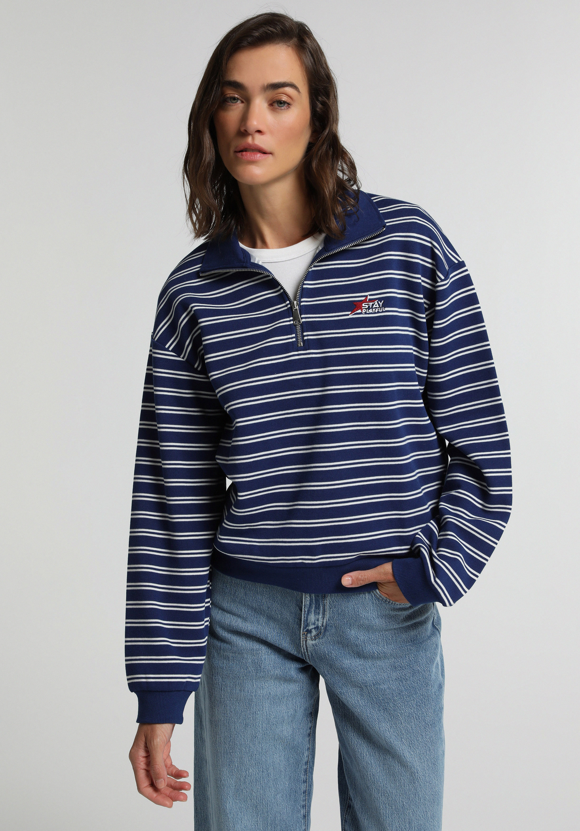 Regular Fit Polo Yaka Çizgili Kadın Lacivert Sweatshirt