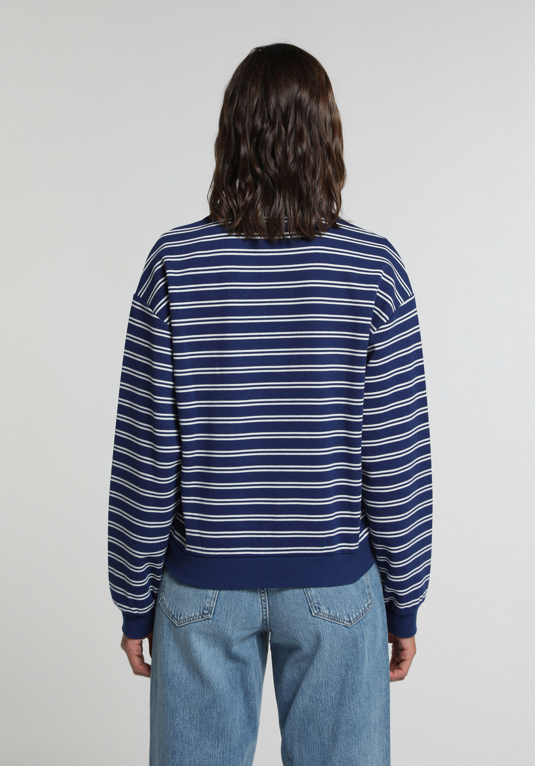 Regular Fit Polo Yaka Çizgili Kadın Lacivert Sweatshirt