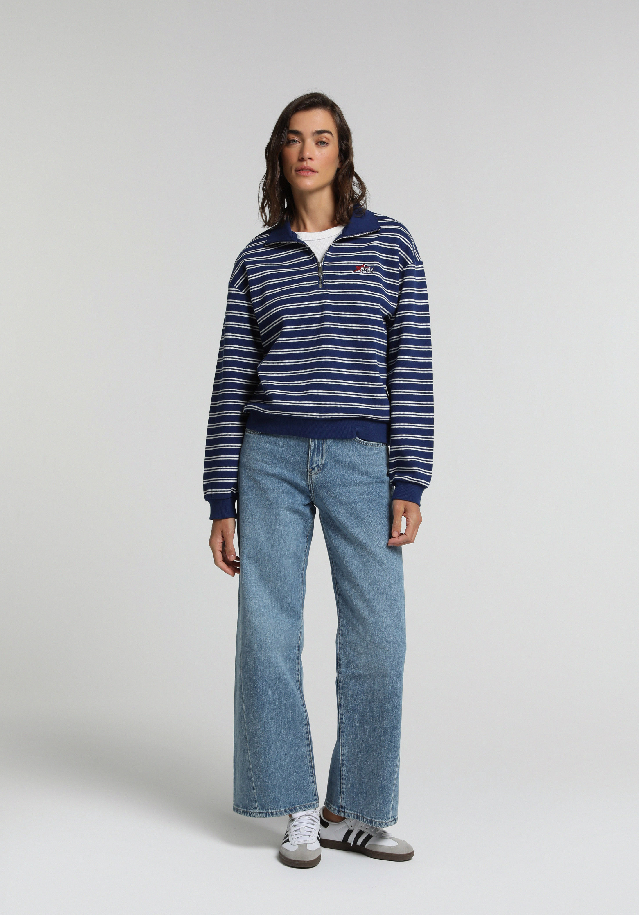 Regular Fit Polo Yaka Çizgili Kadın Lacivert Sweatshirt