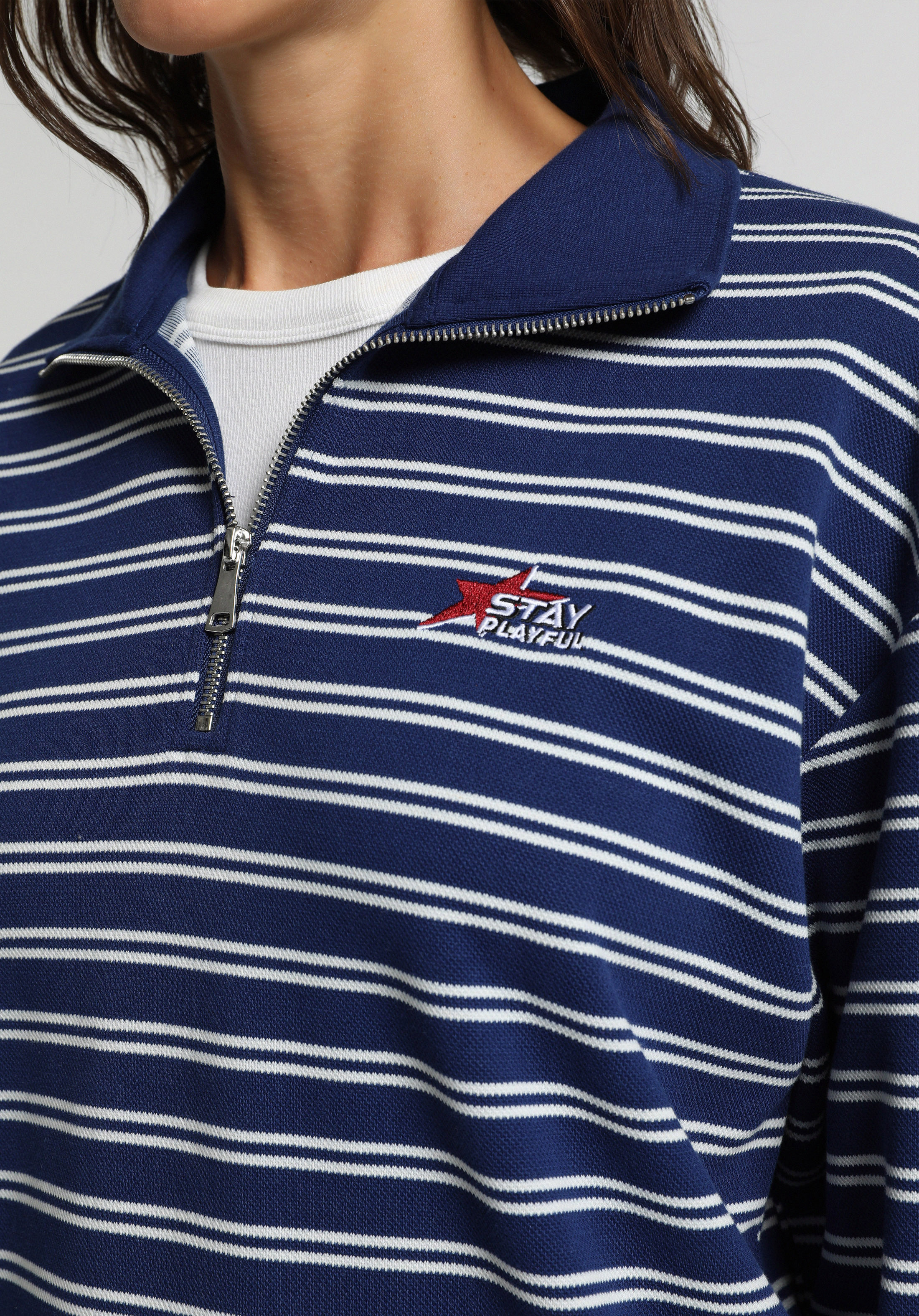 Regular Fit Polo Yaka Çizgili Kadın Lacivert Sweatshirt