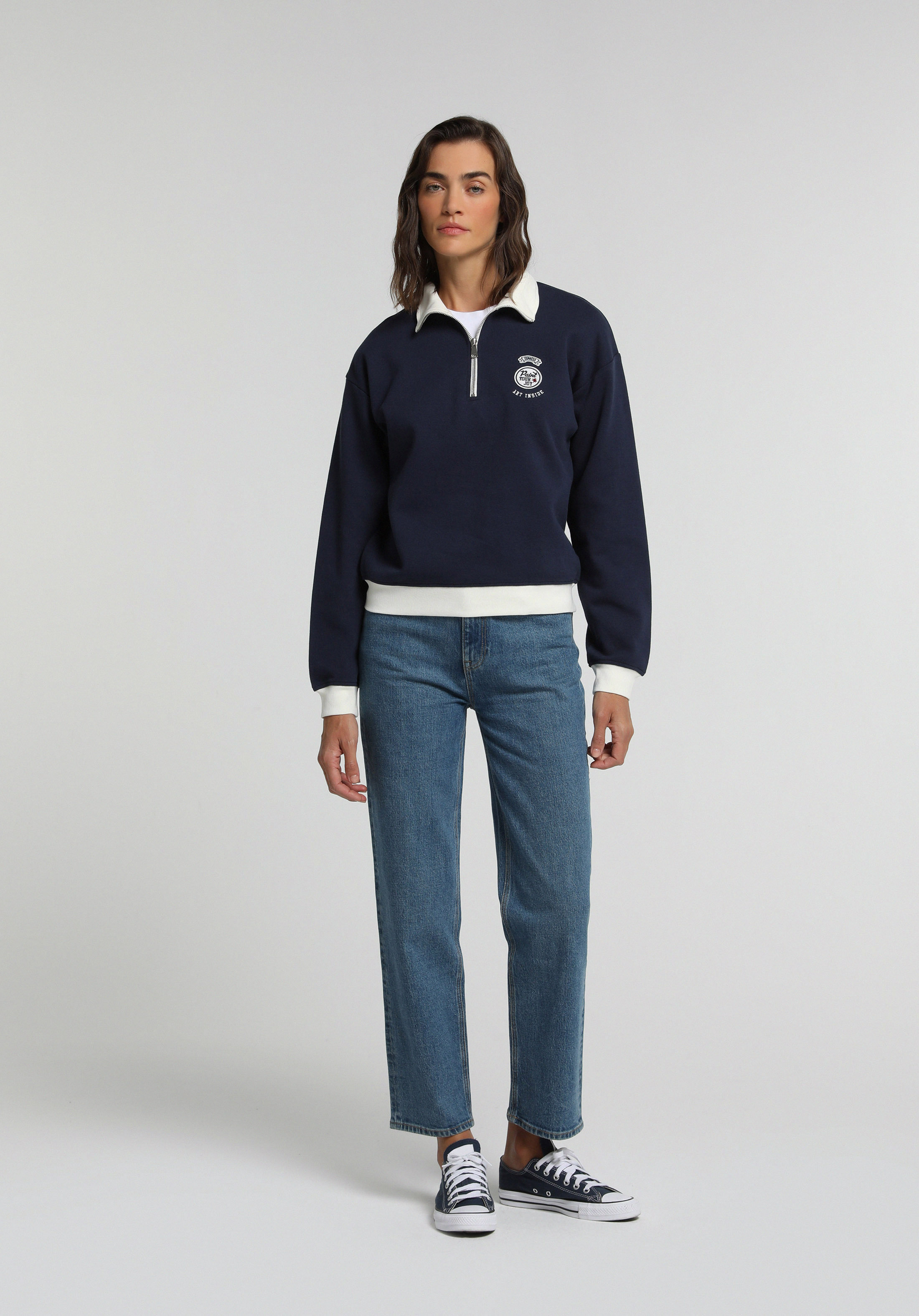 Regular Fit Polo Yaka Nakışlı Kadın Lacivert Sweatshirt