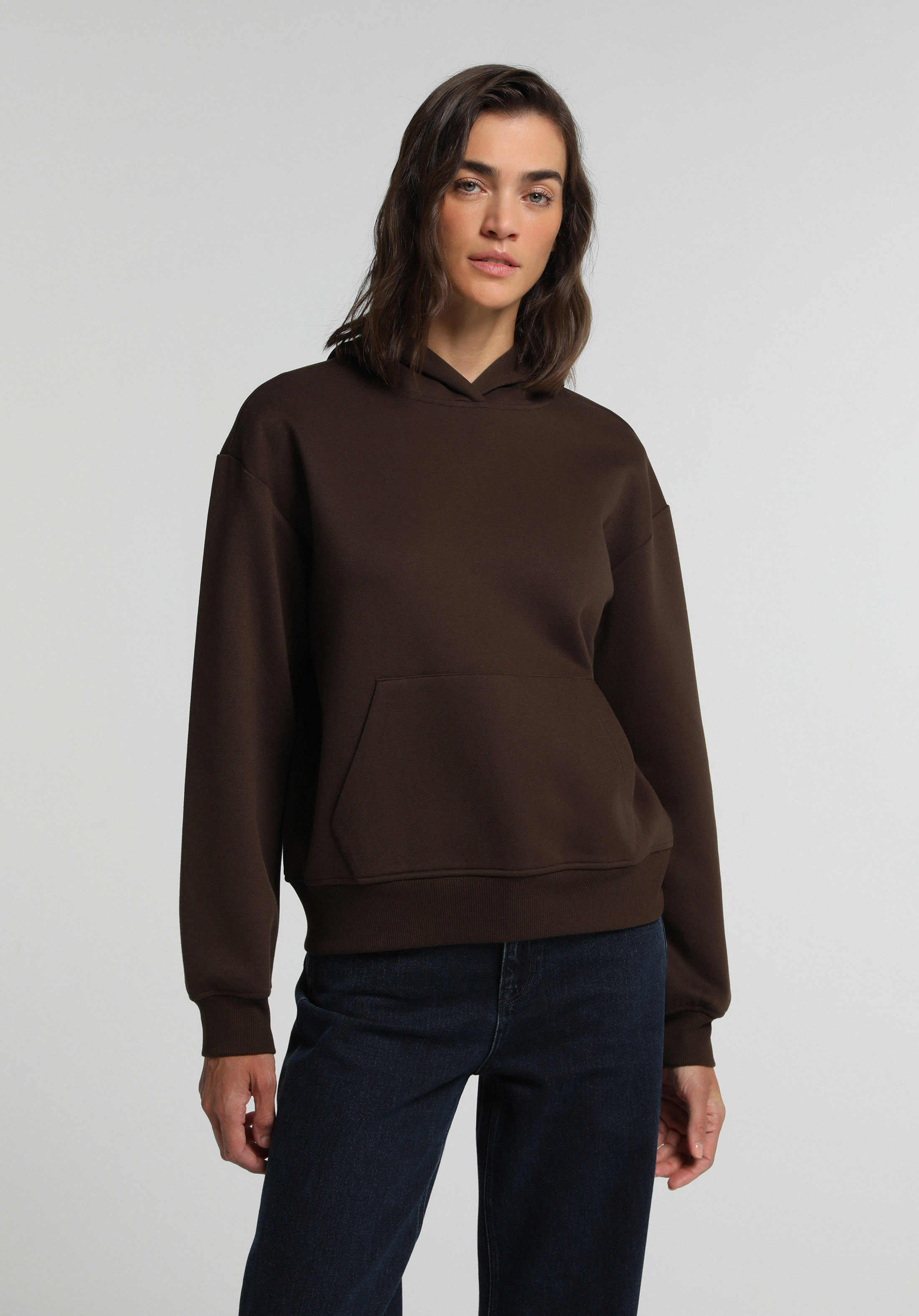 Regular Fit Kapüşonlu Düz Kadın Kahverengi Sweatshirt