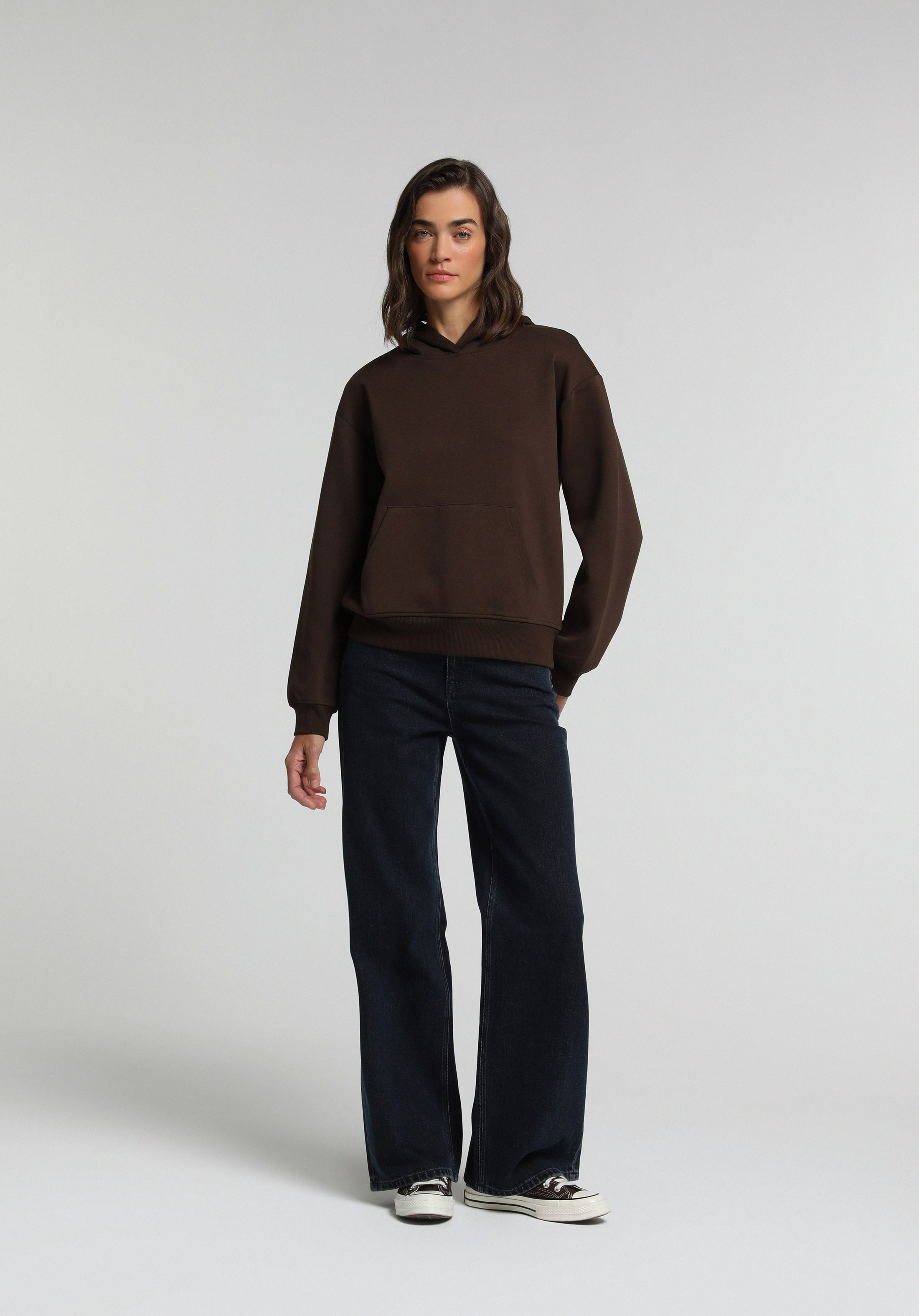 Regular Fit Kapüşonlu Düz Kadın Kahverengi Sweatshirt