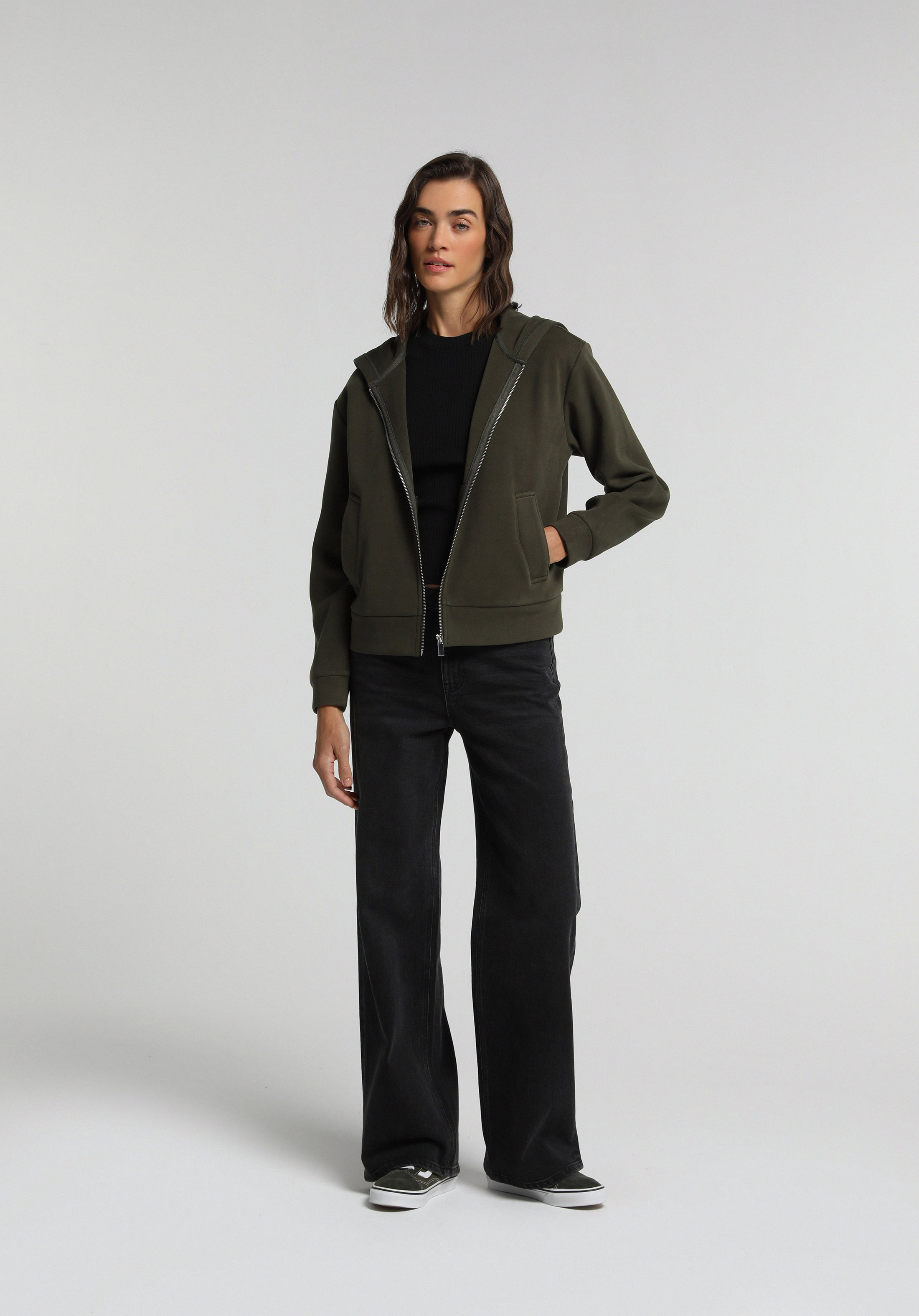 Regular Fit Kapüşonlu Düz Kadın Yeşil Sweatshirt