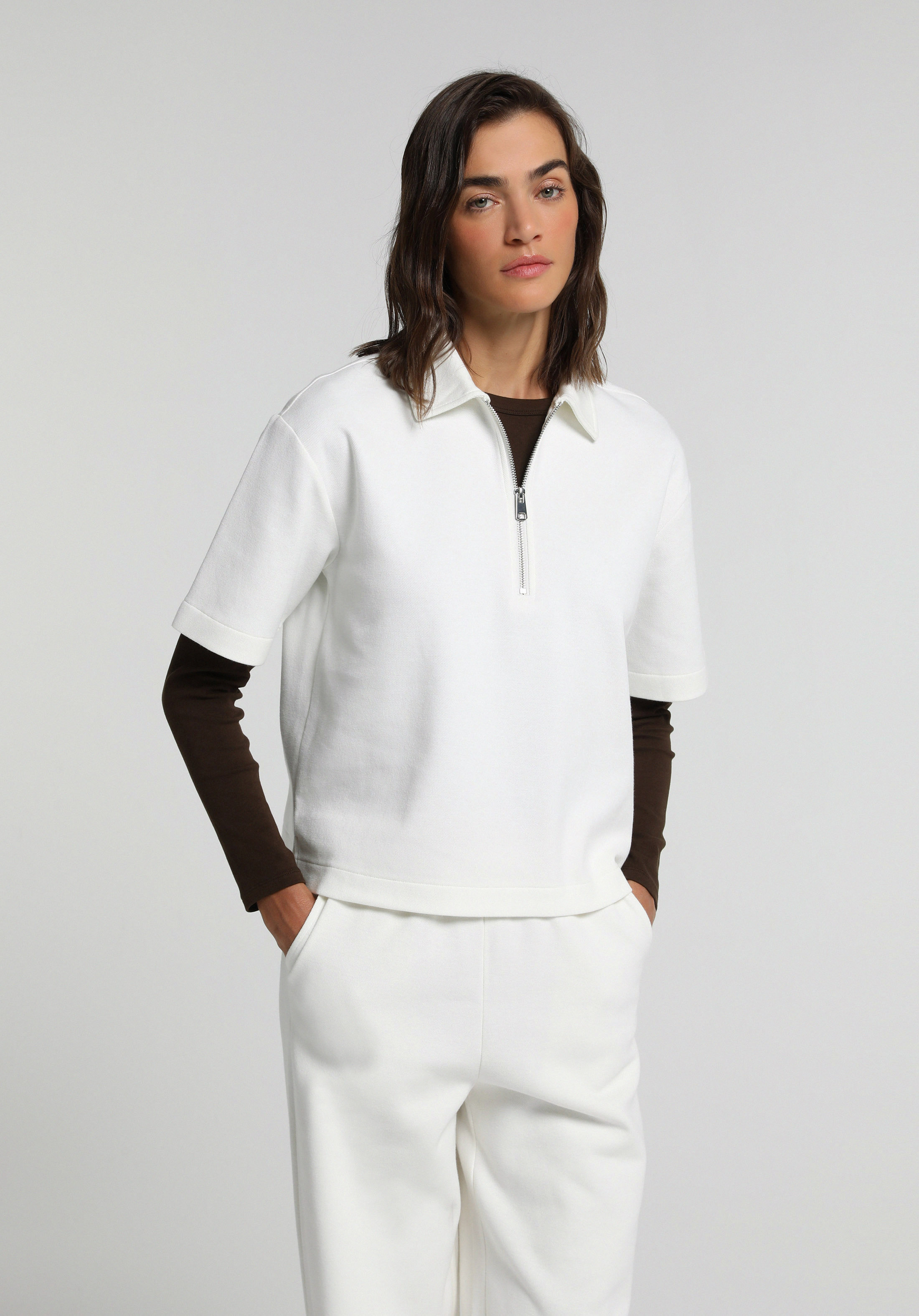 Regular Fit Polo Yaka Düz Kadın Beyaz Kısa Kol Tişört