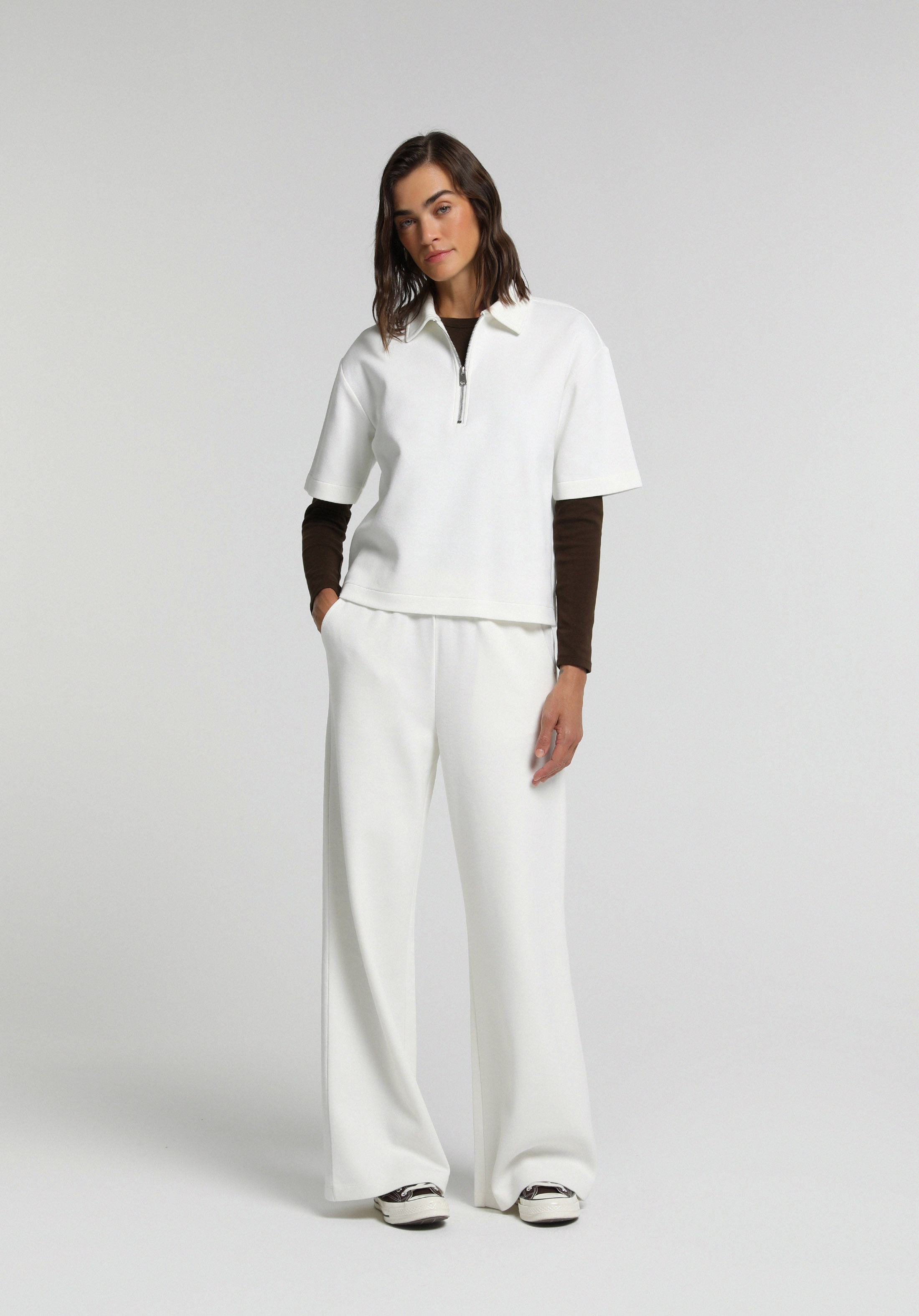 Regular Fit Polo Yaka Düz Kadın Beyaz Kısa Kol Tişört