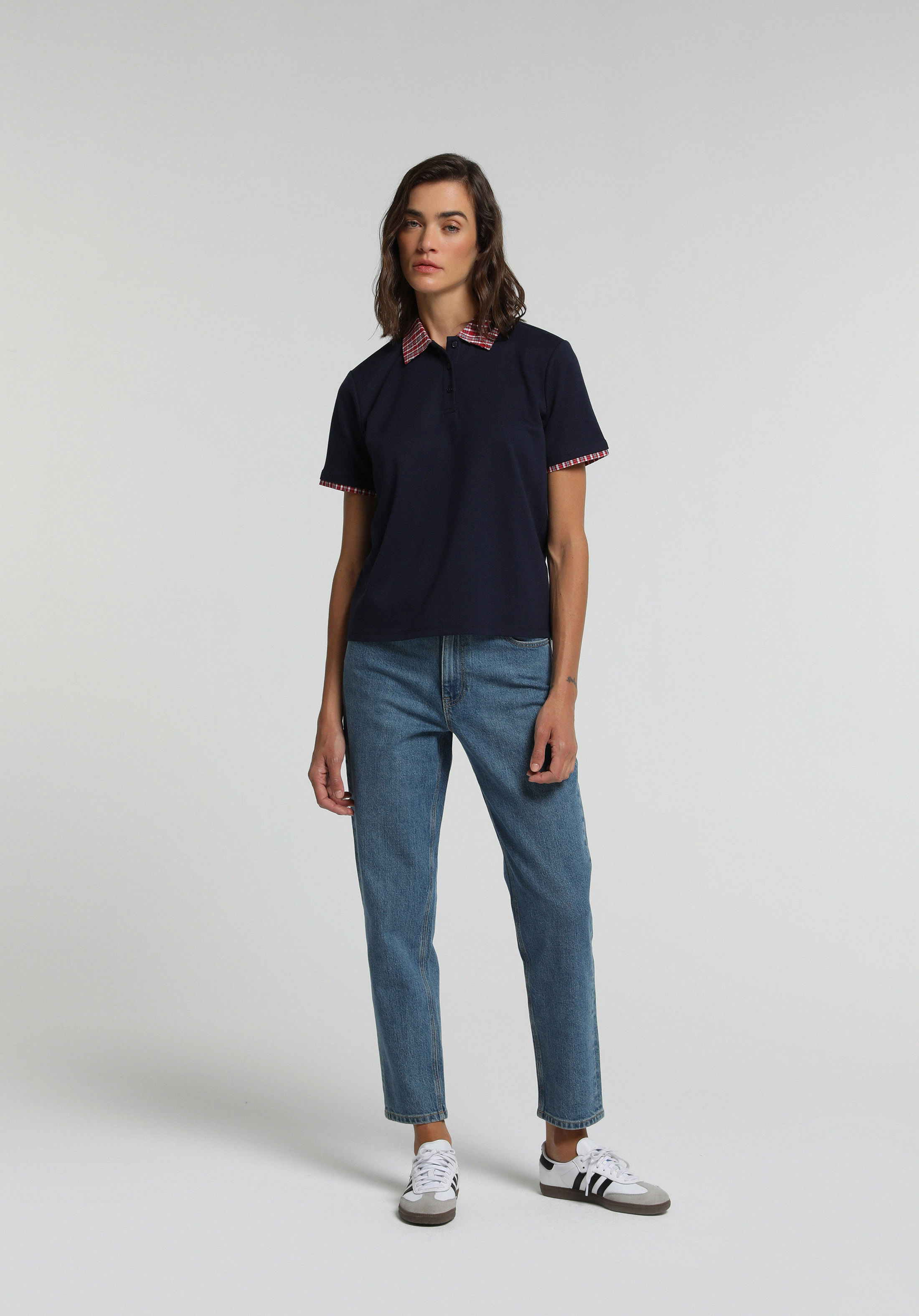 Regular Fit Shirt Neck Düz Kadın Lacivert Kısa Kol Tişört