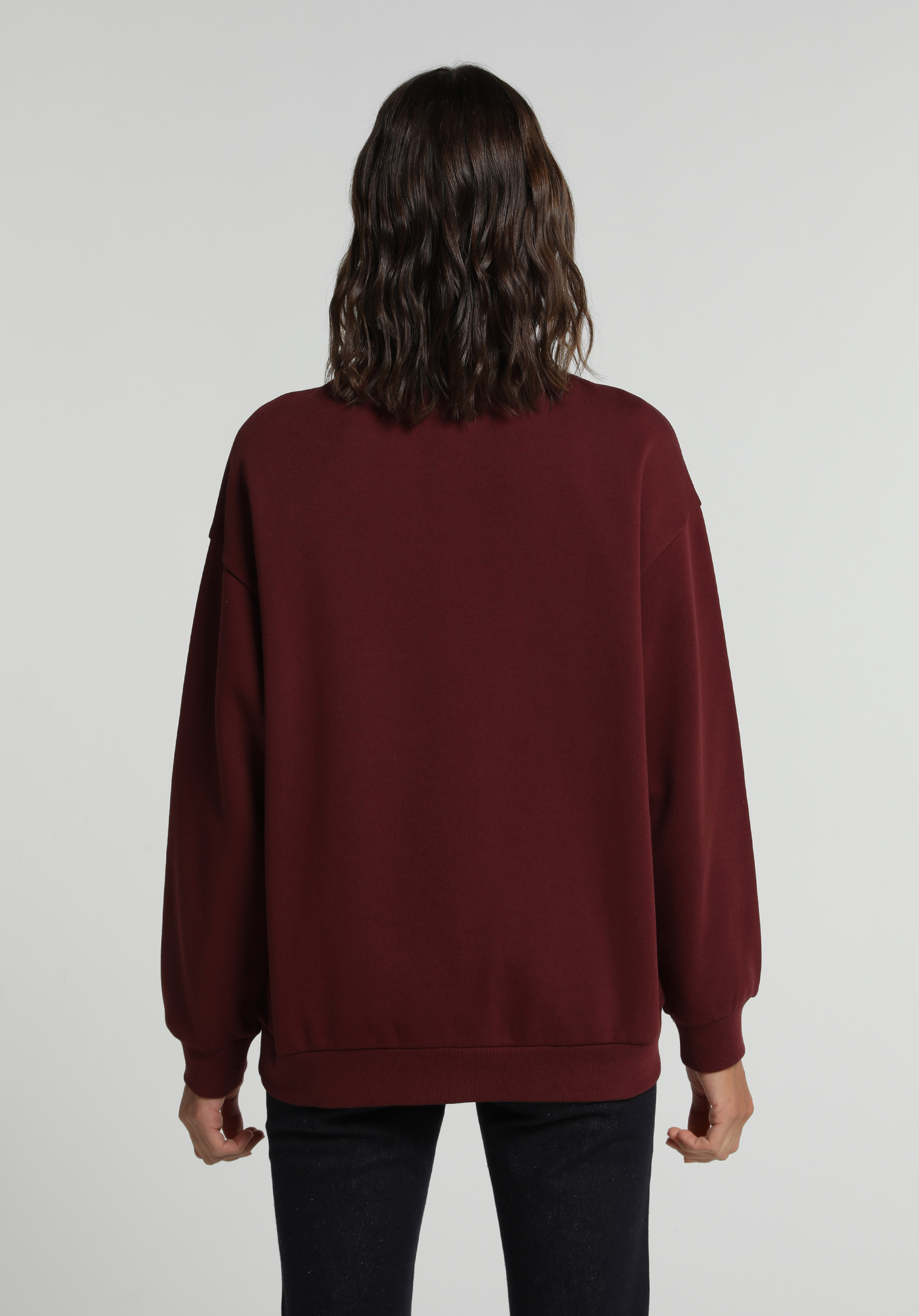Relaxed Fit Yuvarlak Yaka Baskılı Kadın Bordo Sweatshirt