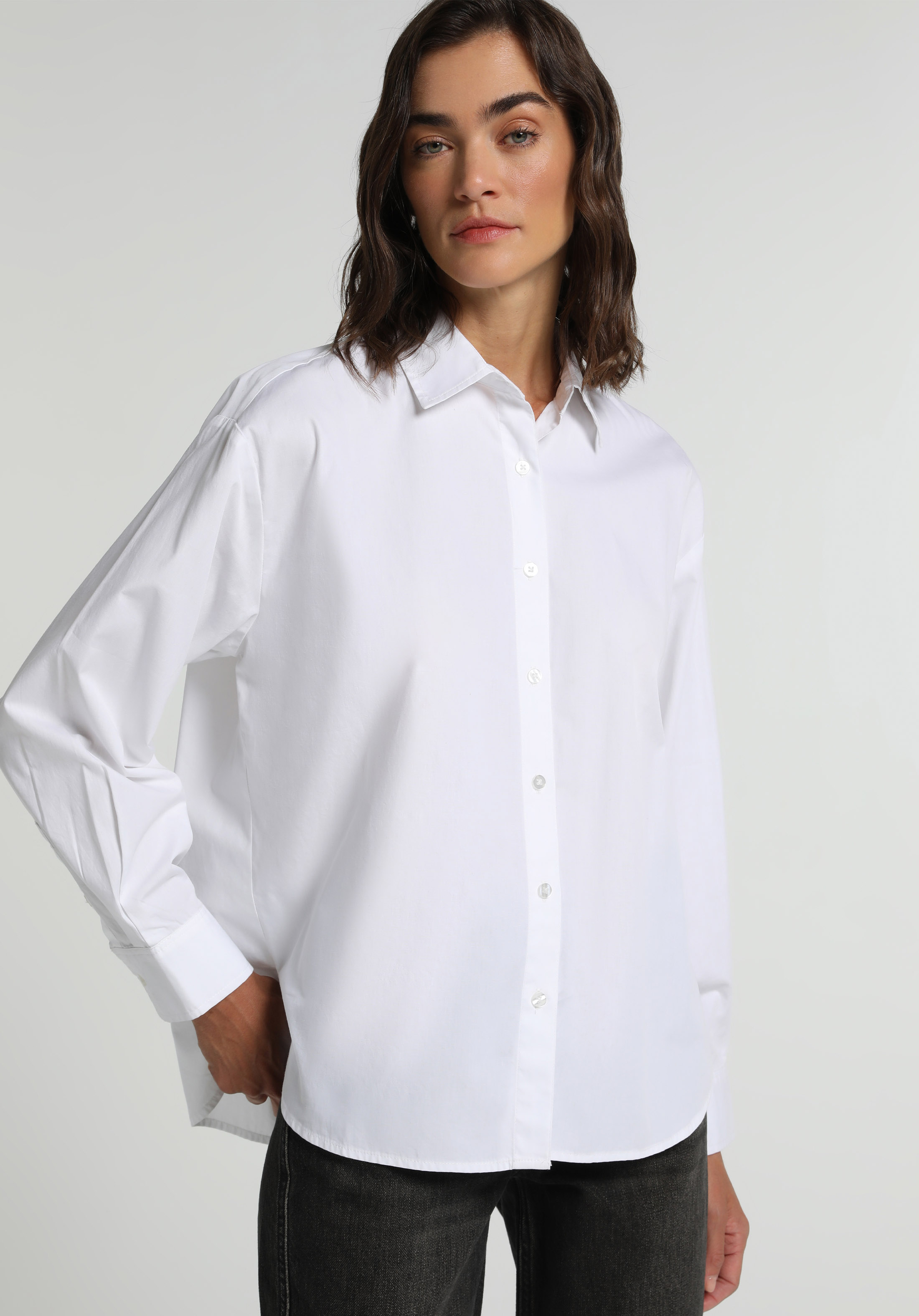 Boyfriend Fit Shirt Neck Düz Kadın Beyaz Uzun Kol Gömlek