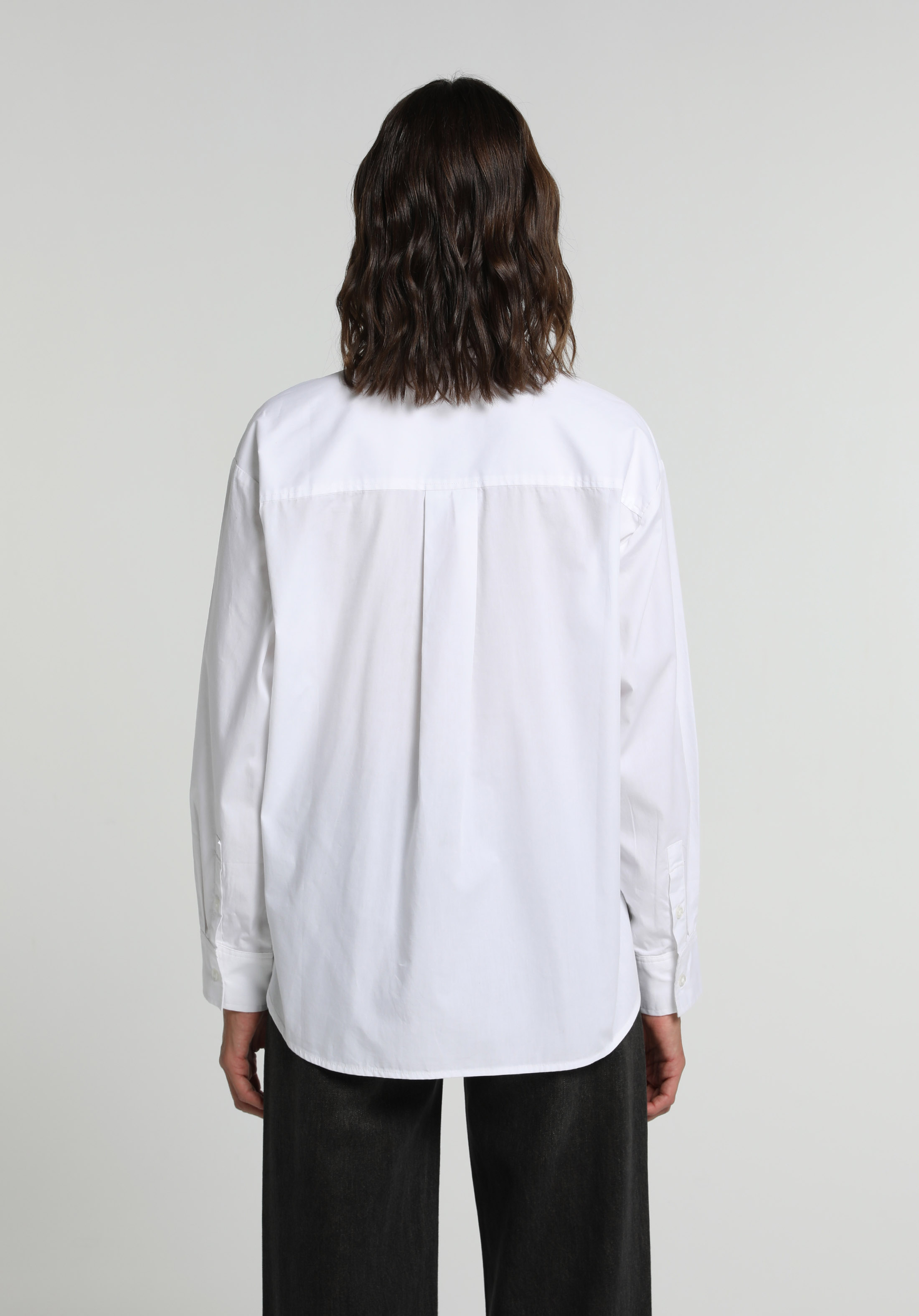 Boyfriend Fit Shirt Neck Düz Kadın Beyaz Uzun Kol Gömlek
