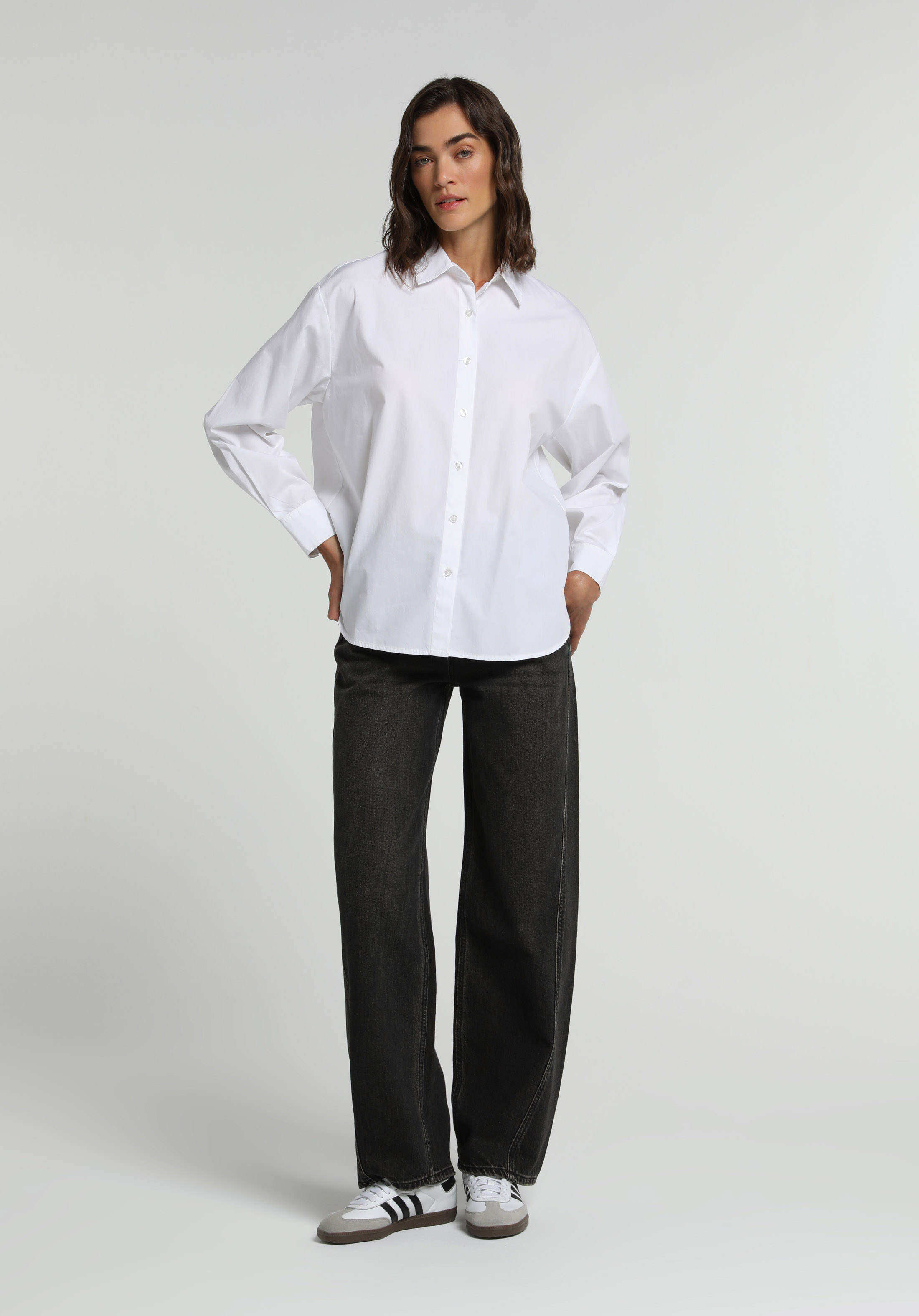 Boyfriend Fit Shirt Neck Düz Kadın Beyaz Uzun Kol Gömlek