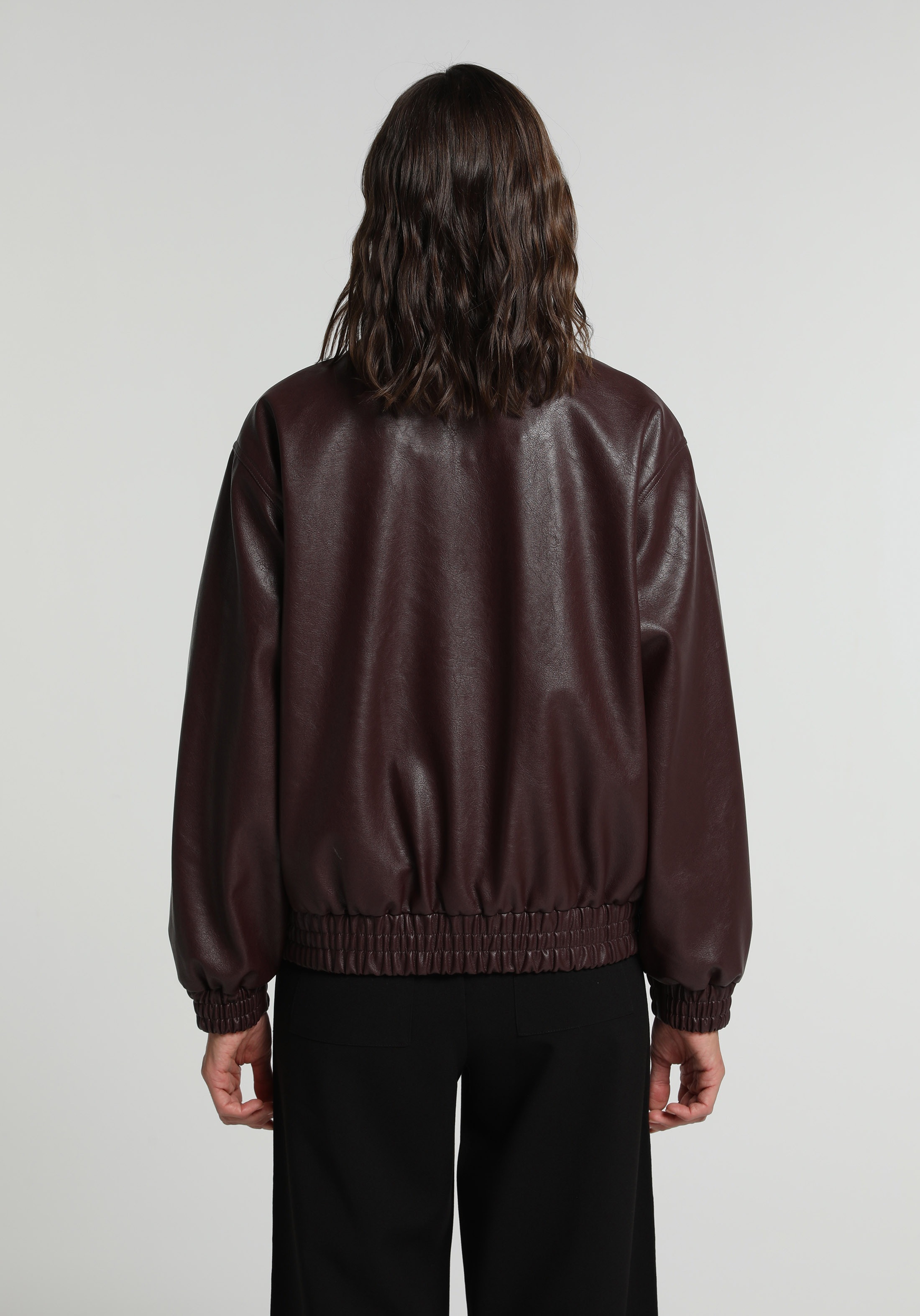 Regular Fit Shirt Neck Fermuarlı Astarlı Kaplamalı Kadın Bordo Mont Pu