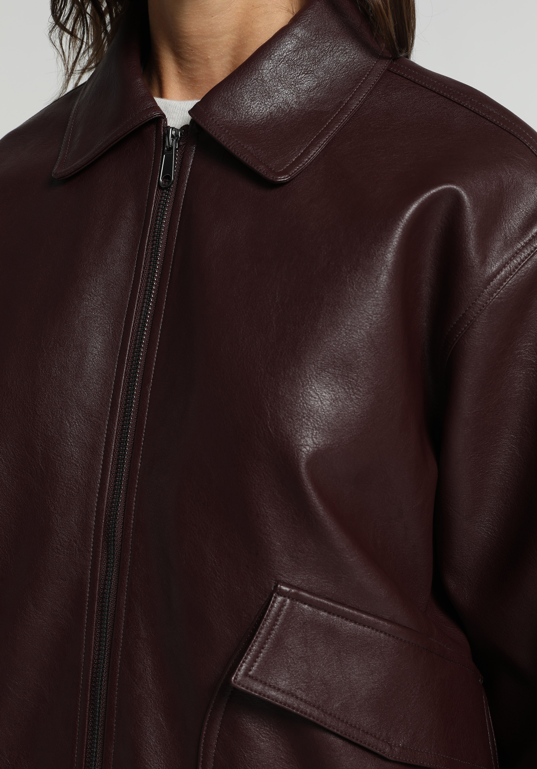Regular Fit Shirt Neck Fermuarlı Astarlı Kaplamalı Kadın Bordo Mont Pu