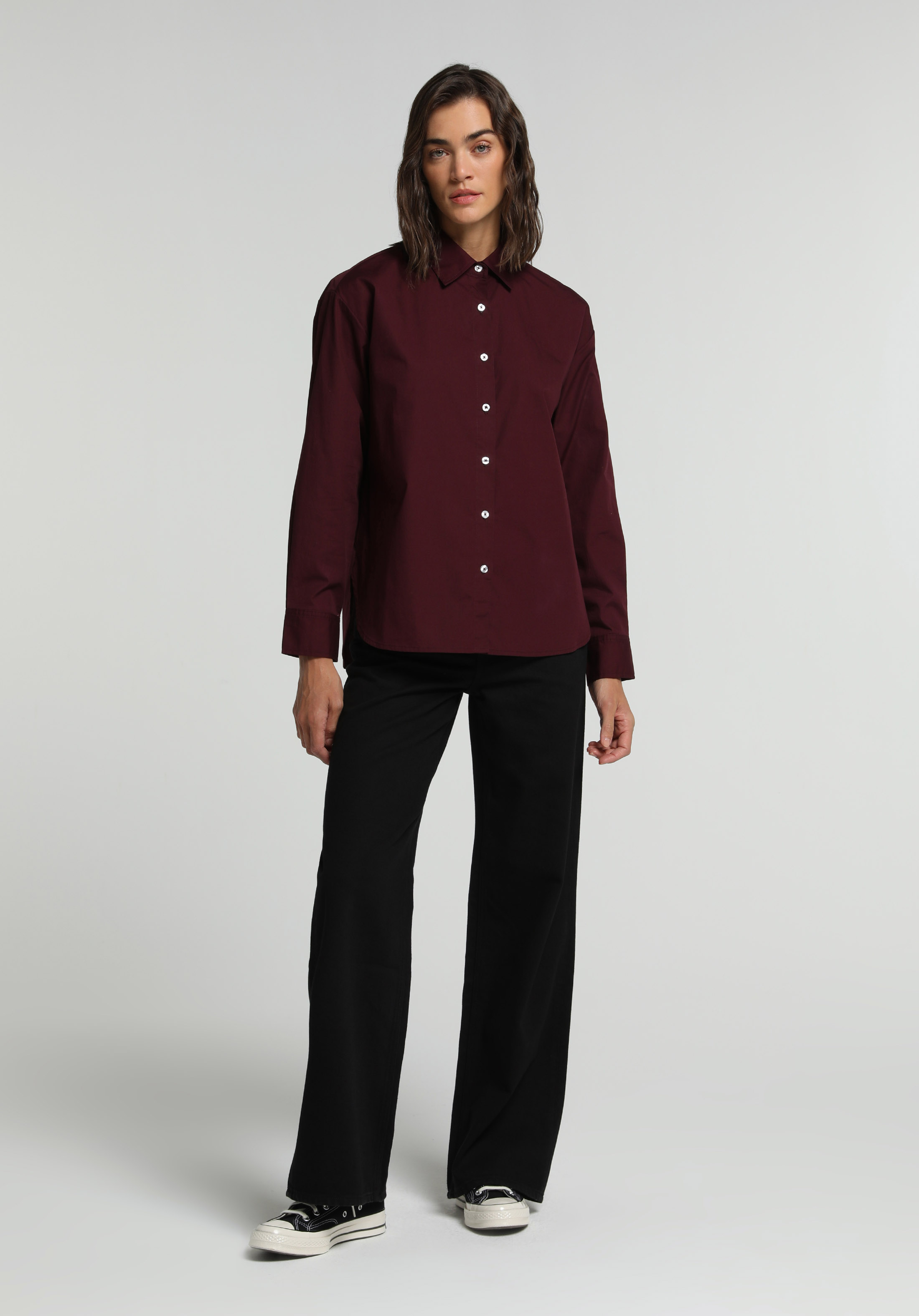 Boyfriend Fit Shirt Neck Düz Kadın Bordo Uzun Kol Gömlek