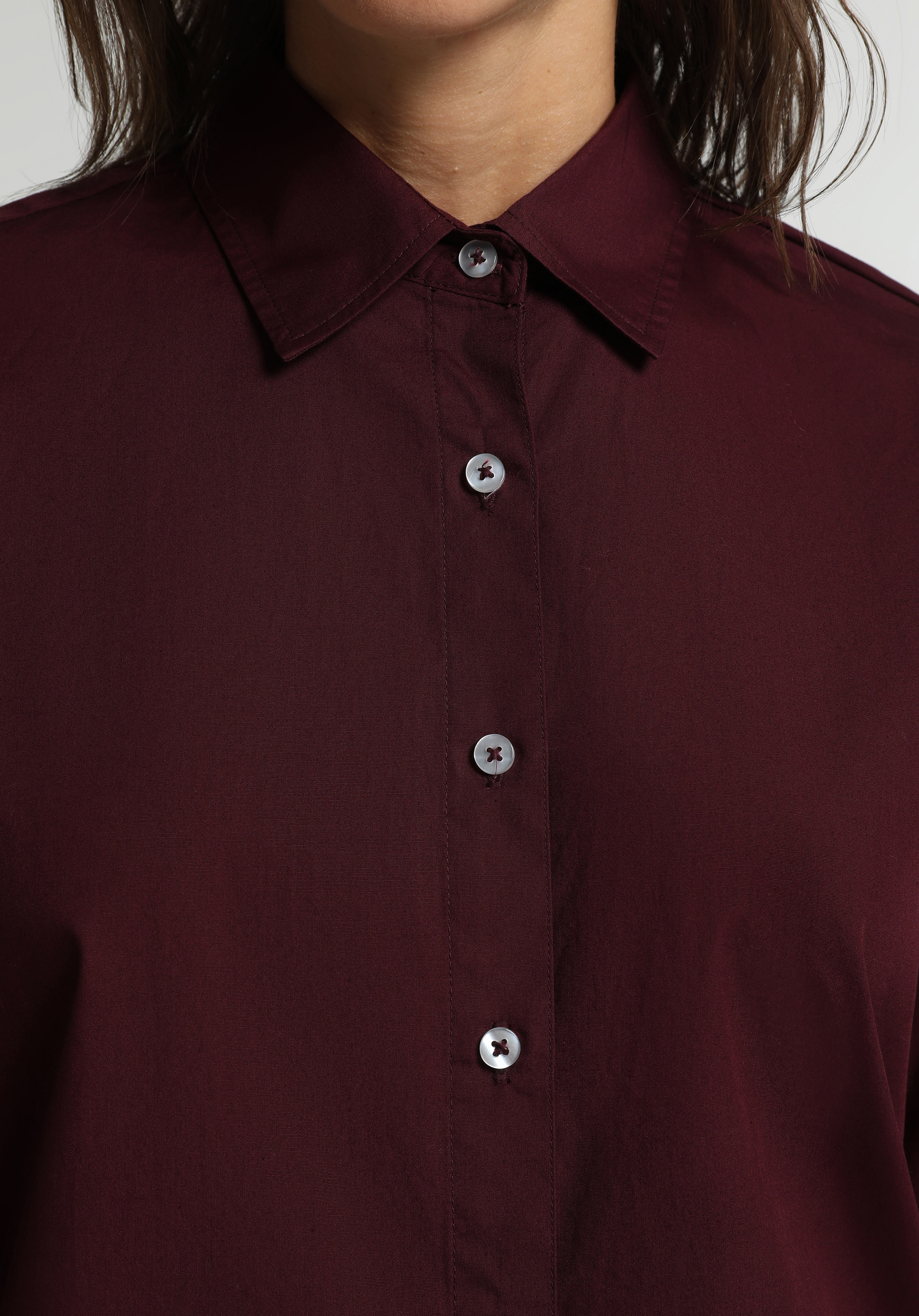 Boyfriend Fit Shirt Neck Düz Kadın Bordo Uzun Kol Gömlek