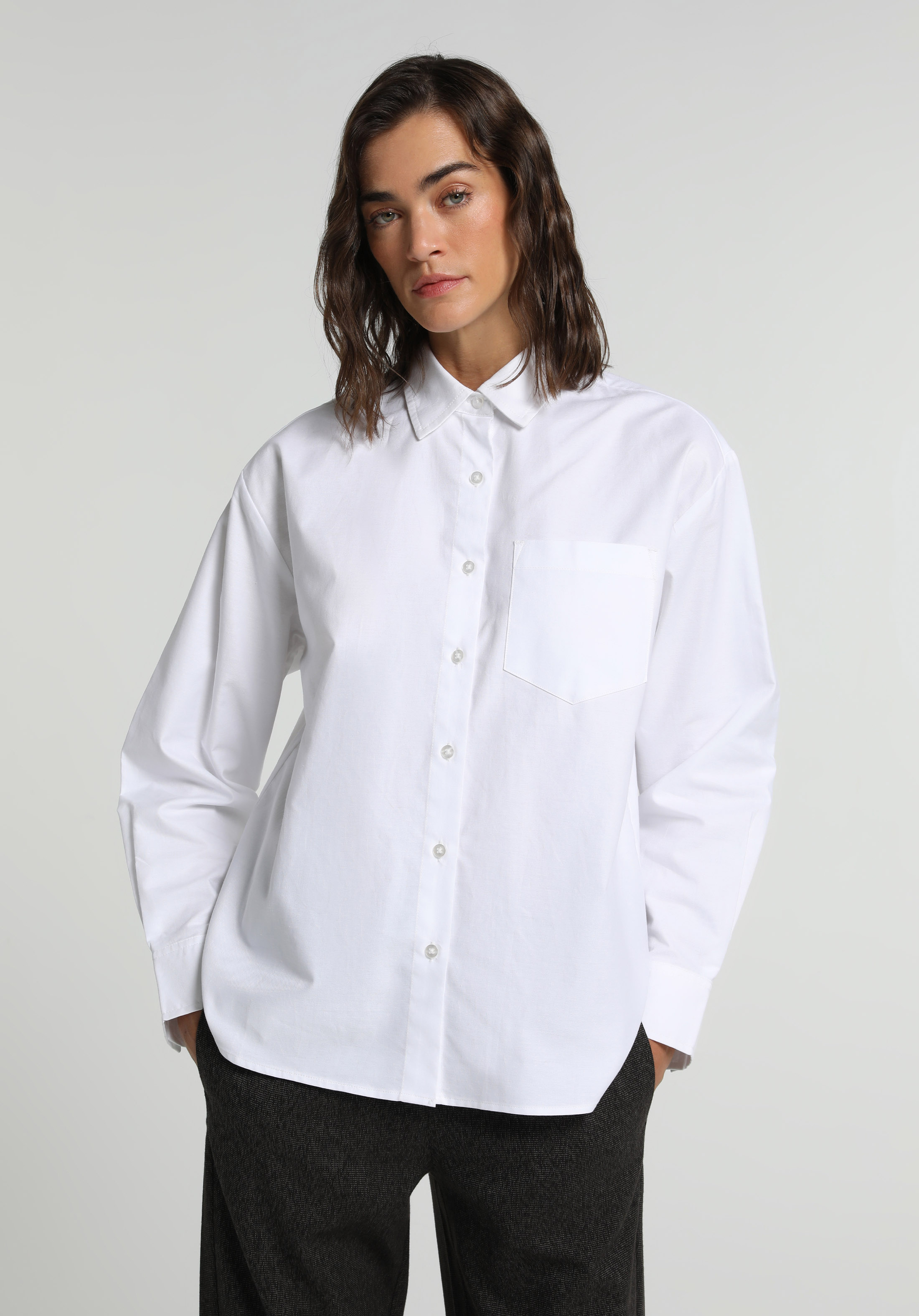 Boyfriend Fit Shirt Neck Düz Kadın Beyaz Uzun Kol Gömlek