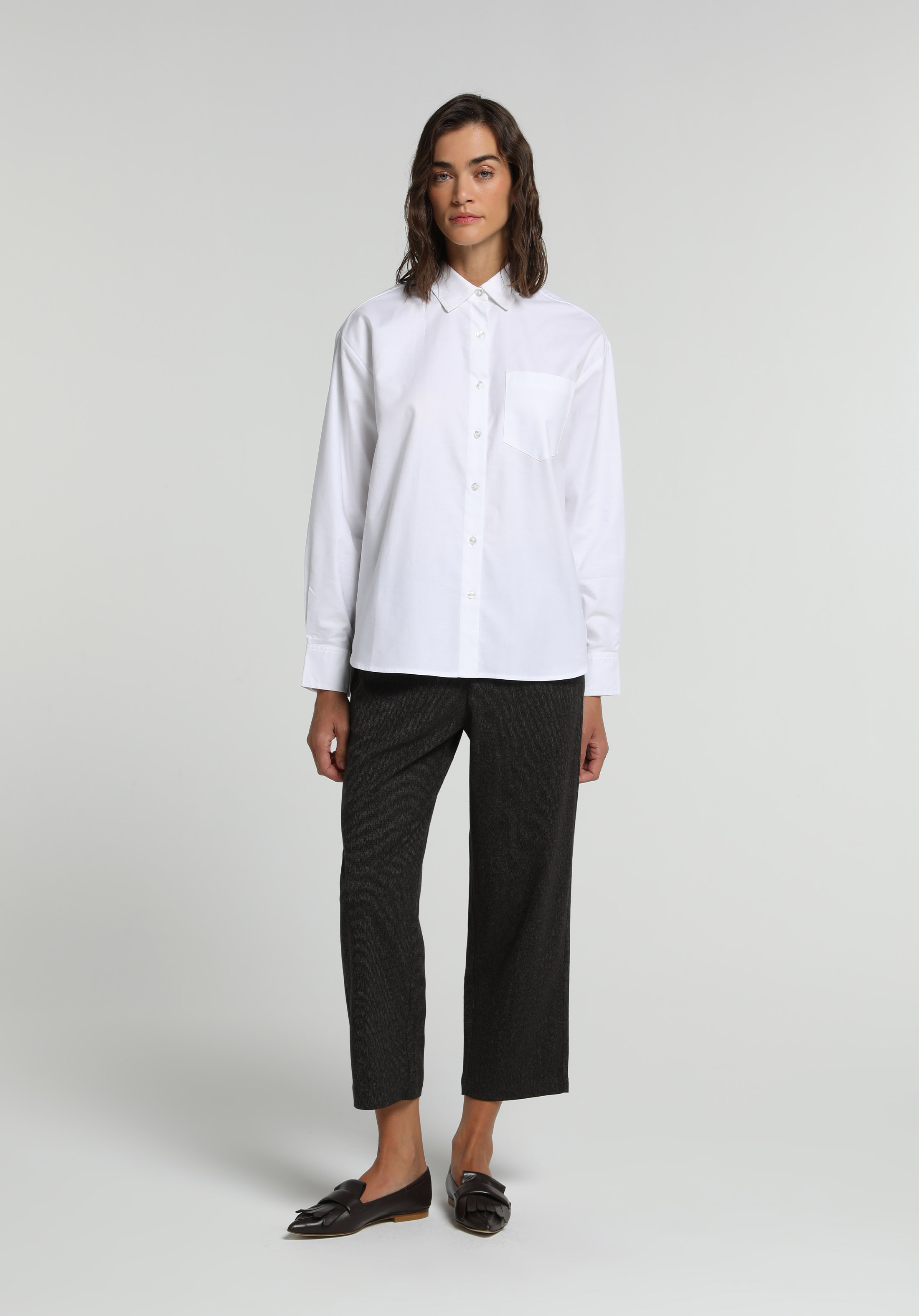 Boyfriend Fit Shirt Neck Düz Kadın Beyaz Uzun Kol Gömlek