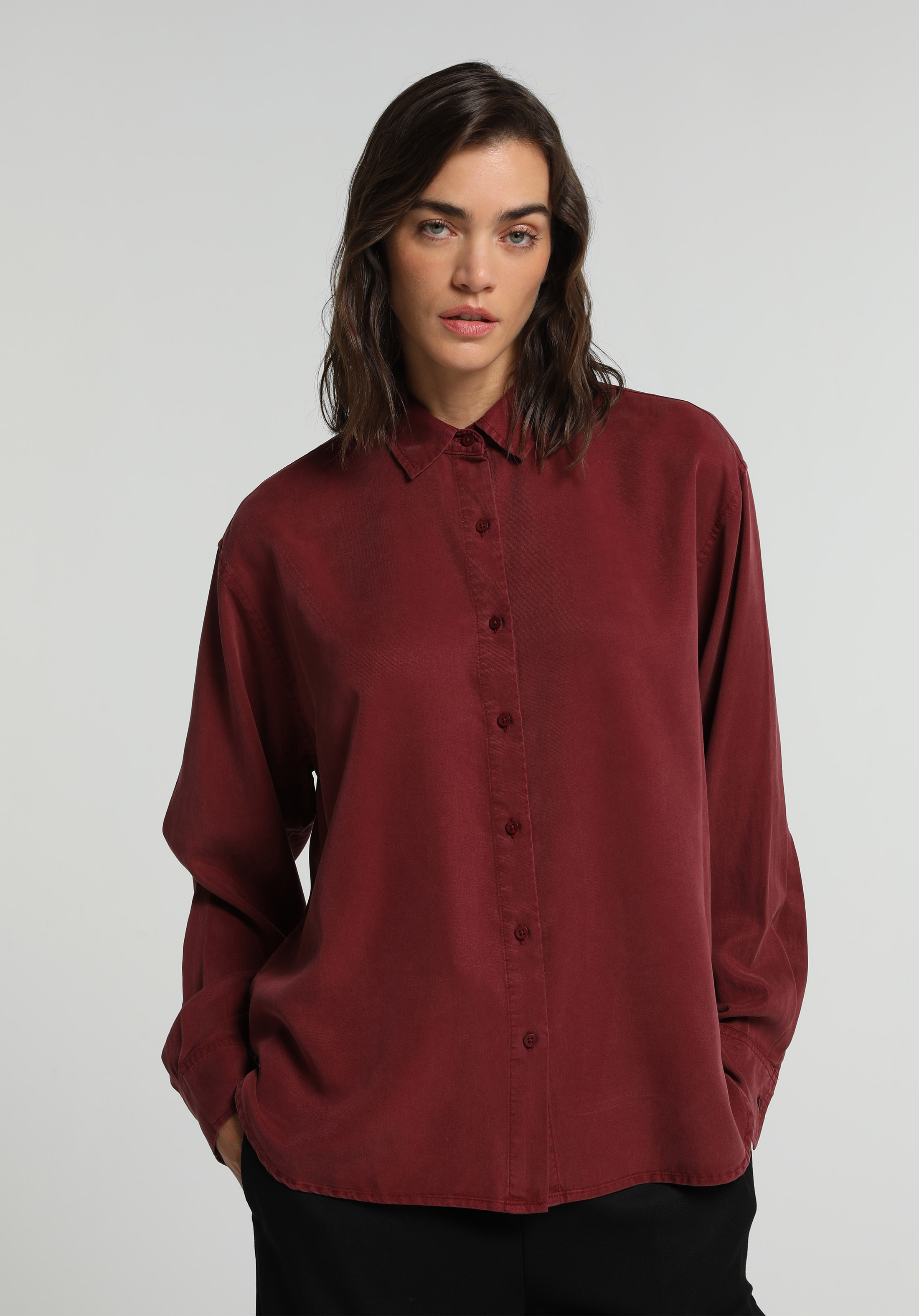 Boyfriend Fit Shirt Neck Düz Kadın Bordo Uzun Kol Gömlek