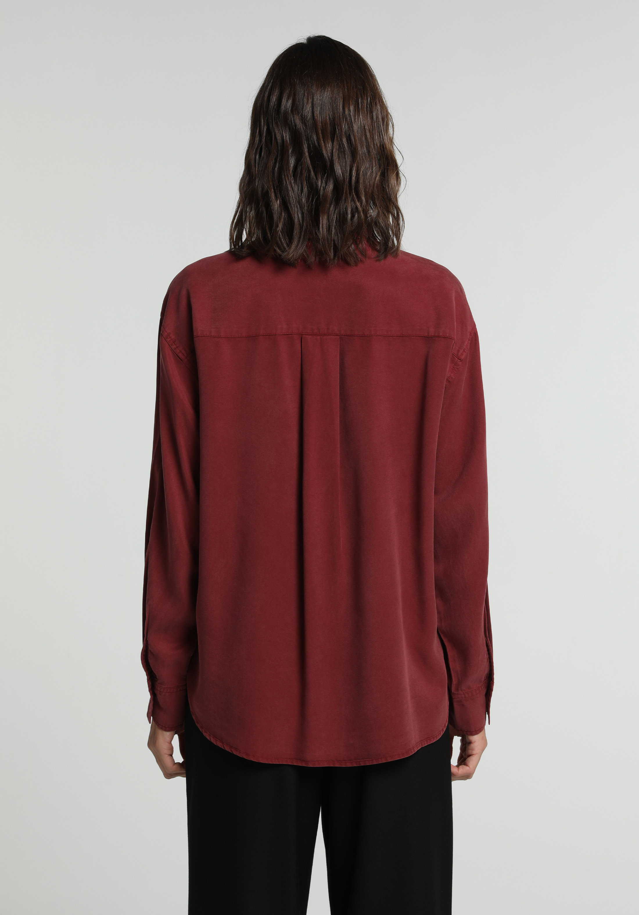Boyfriend Fit Shirt Neck Düz Kadın Bordo Uzun Kol Gömlek