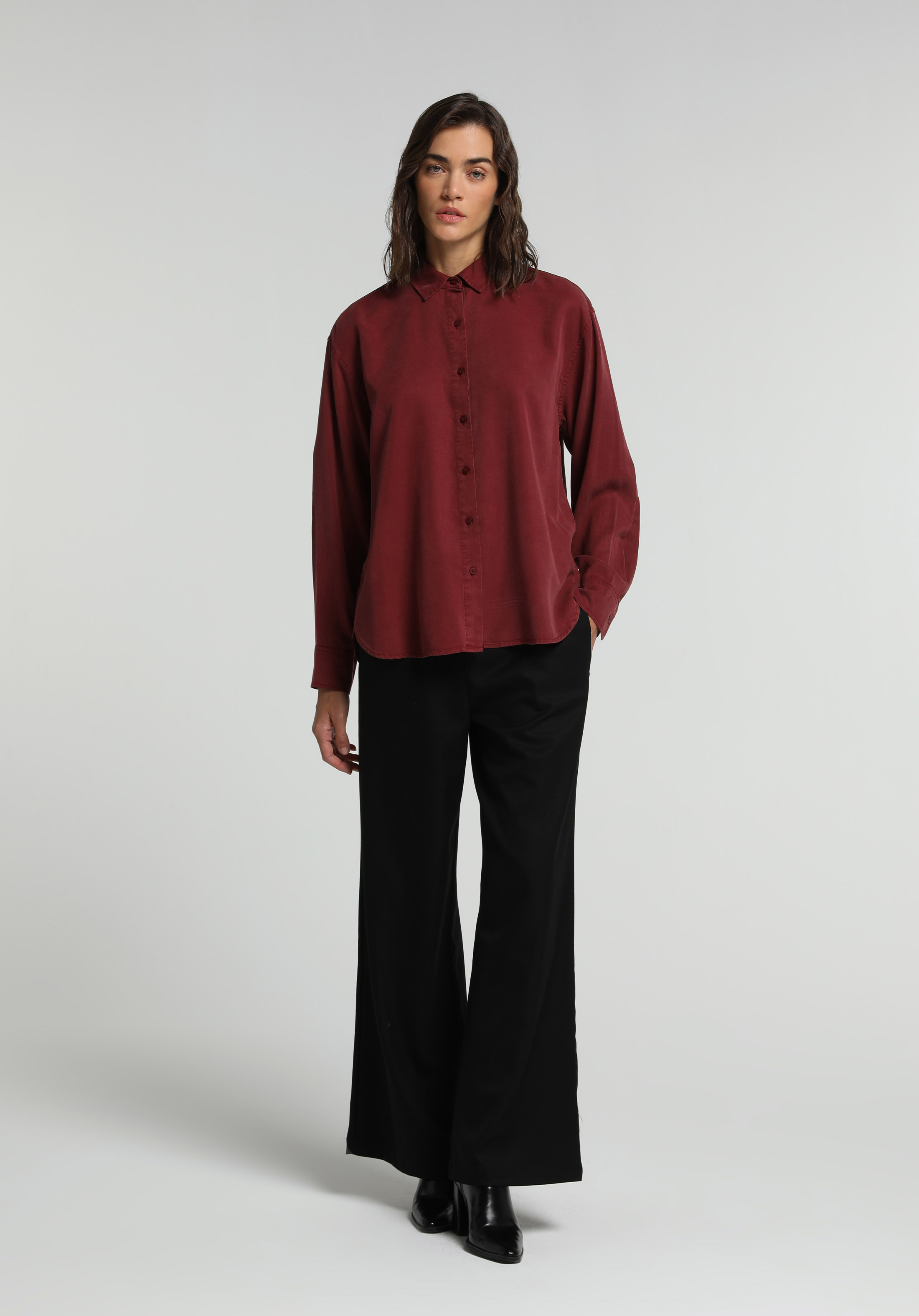 Boyfriend Fit Shirt Neck Düz Kadın Bordo Uzun Kol Gömlek