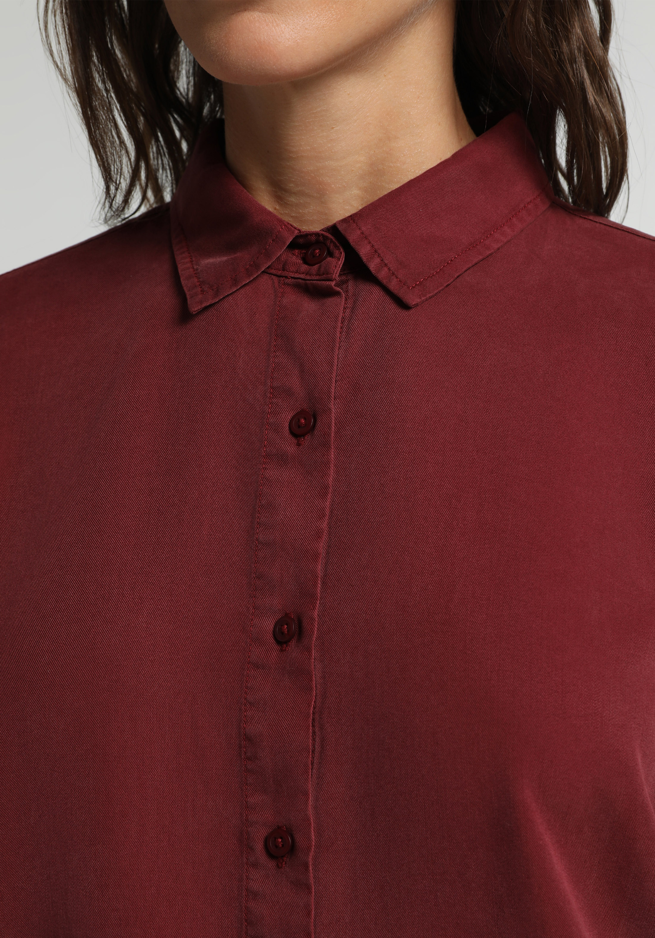 Boyfriend Fit Shirt Neck Düz Kadın Bordo Uzun Kol Gömlek