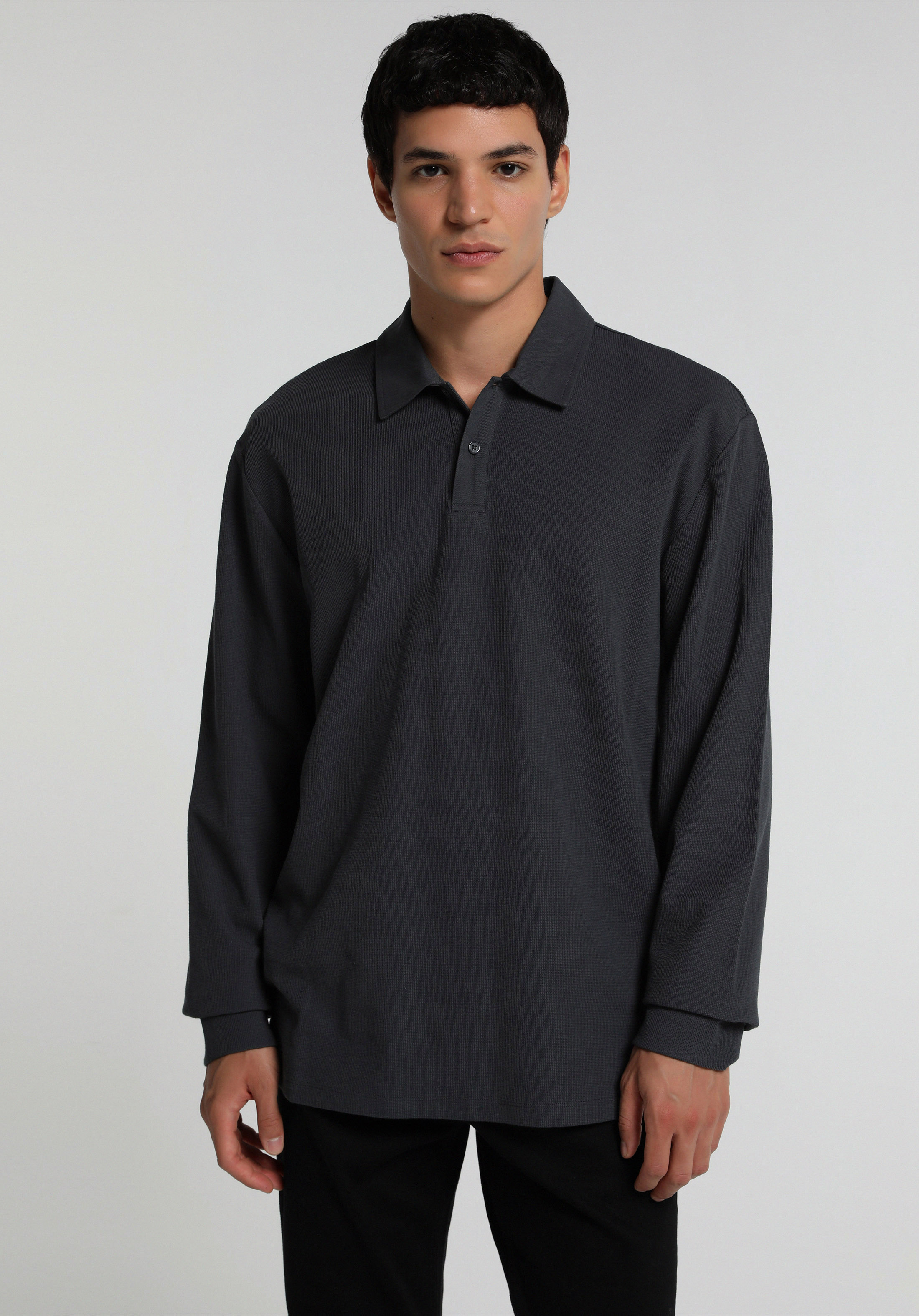 Relaxed Fit Polo Yaka Düz Erkek Antrasit Uzun Kol Tişört