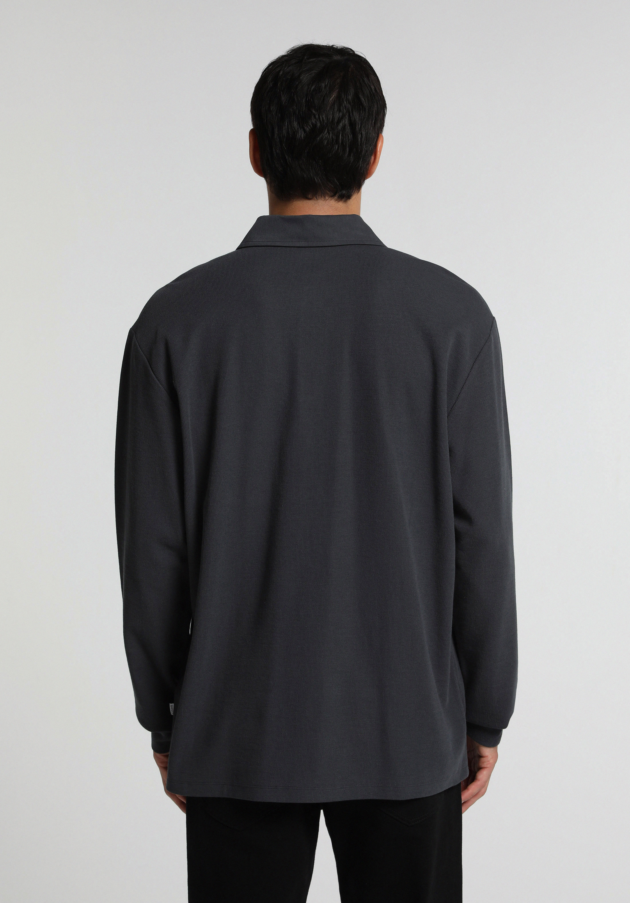 Relaxed Fit Polo Yaka Düz Erkek Antrasit Uzun Kol Tişört